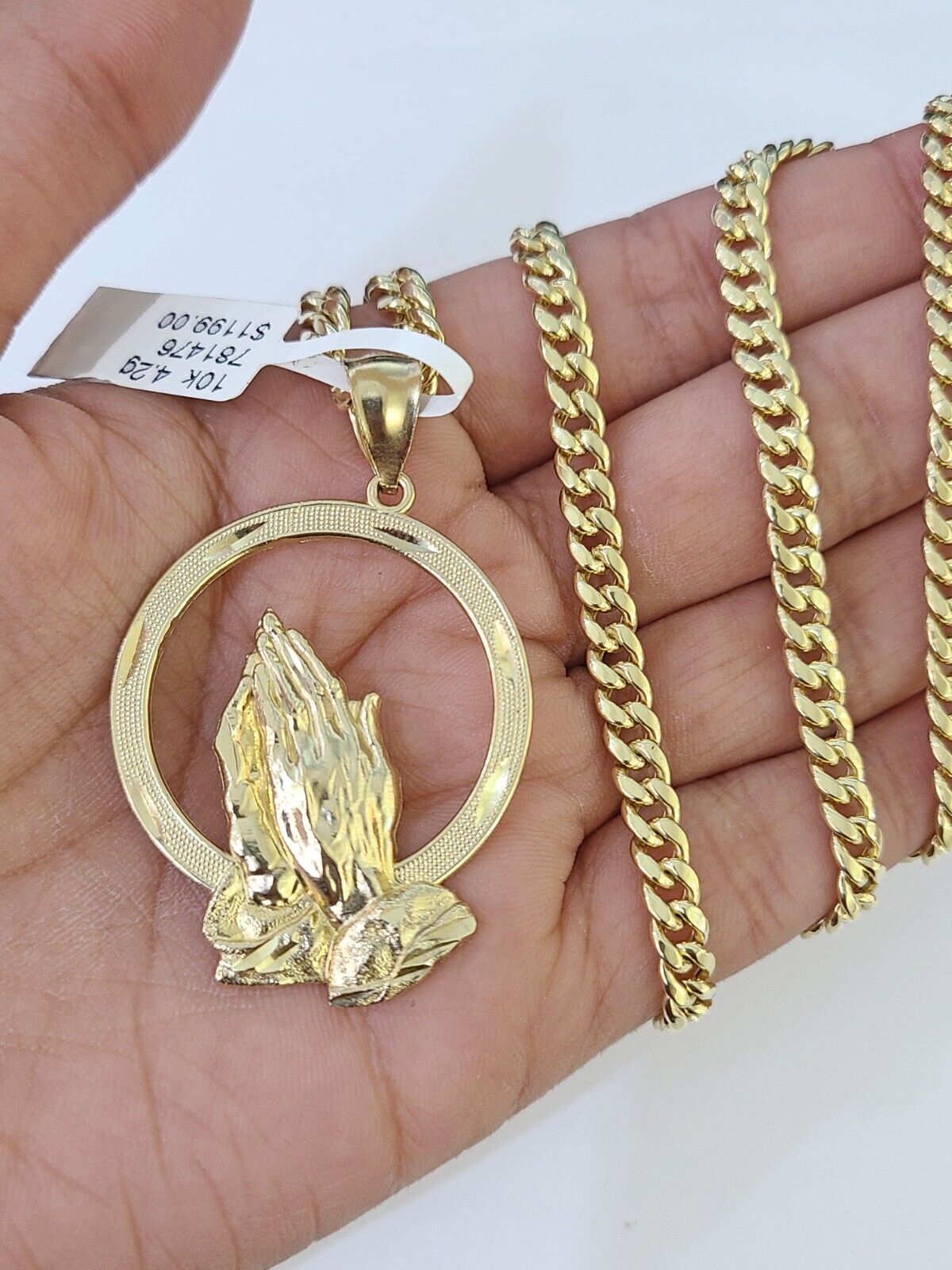 Real 10k Miami Cuban Chain Praying Hands Charm Set 4mm Yellow Gold Necklace - GoldenlinQ