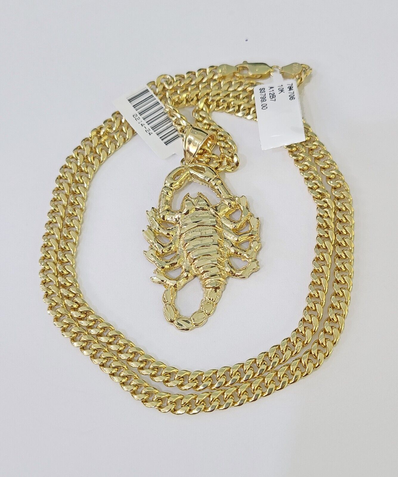 Real 10k Miami Cuban Chain Scorpion Charm Set 4mm Yellow Gold Necklace Pendant - GoldenlinQ