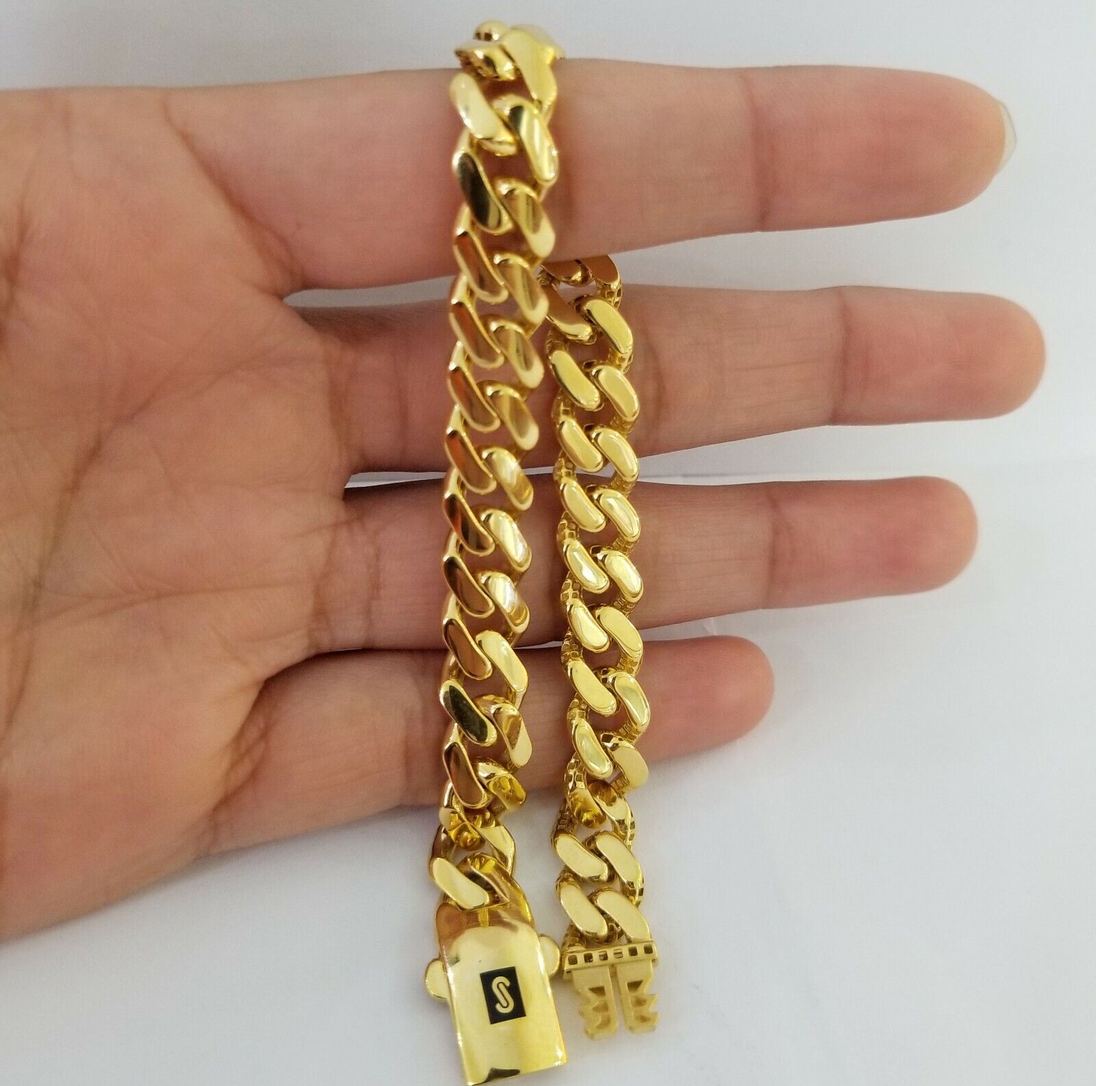 Real 10k Miami Cuban Link Monaco Chain 9mm Box Clasp 8" bracelet - GoldenlinQ