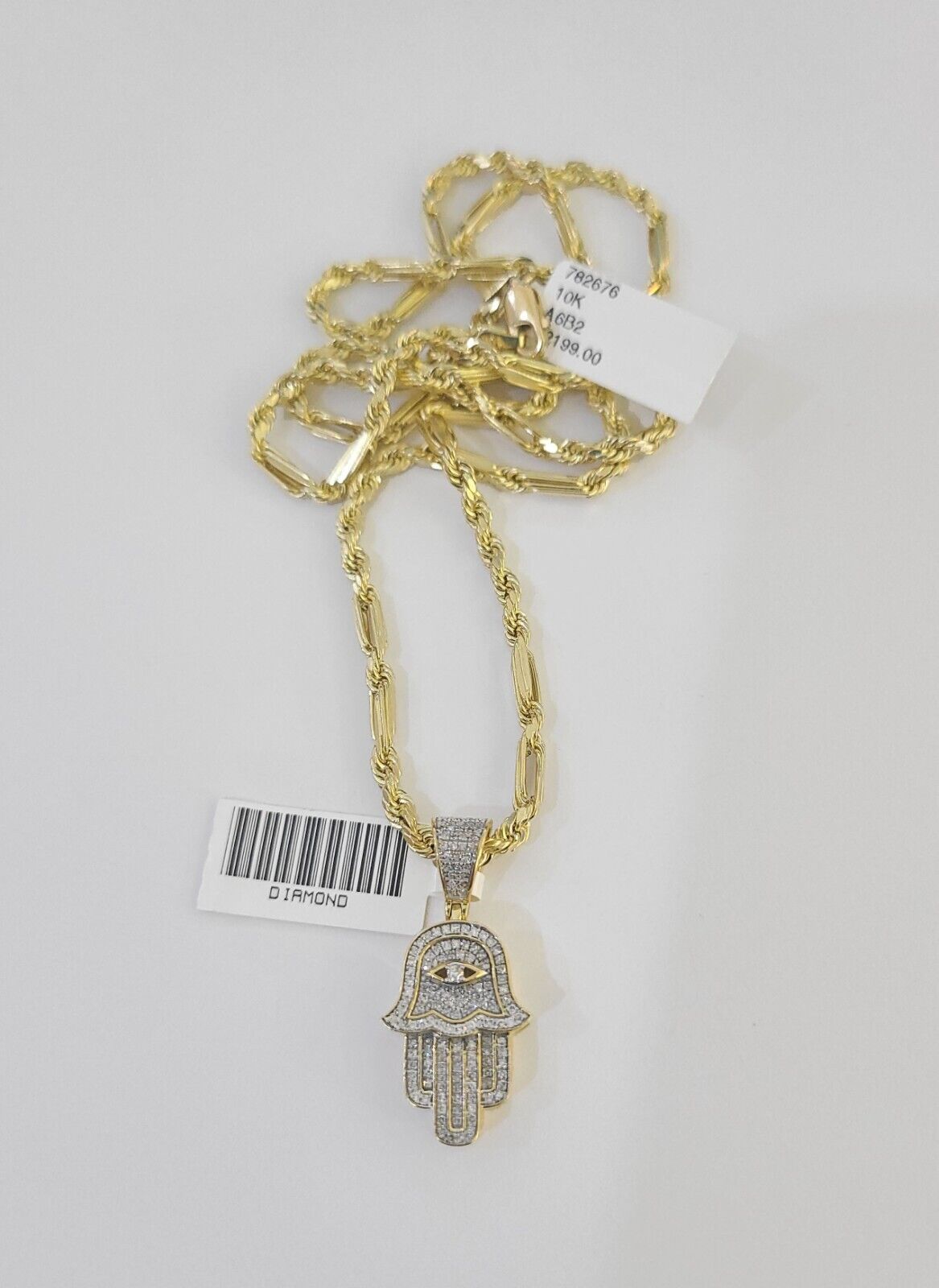 Real 10k Milano Rope Chain Diamond Hamsa Charm Necklace SET 3mm 18" 20" 22" 24" - GoldenlinQ