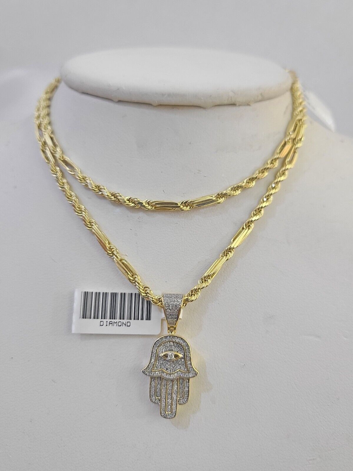 Real 10k Milano Rope Chain Diamond Hamsa Charm Necklace SET 3mm 18" 20" 22" 24" - GoldenlinQ