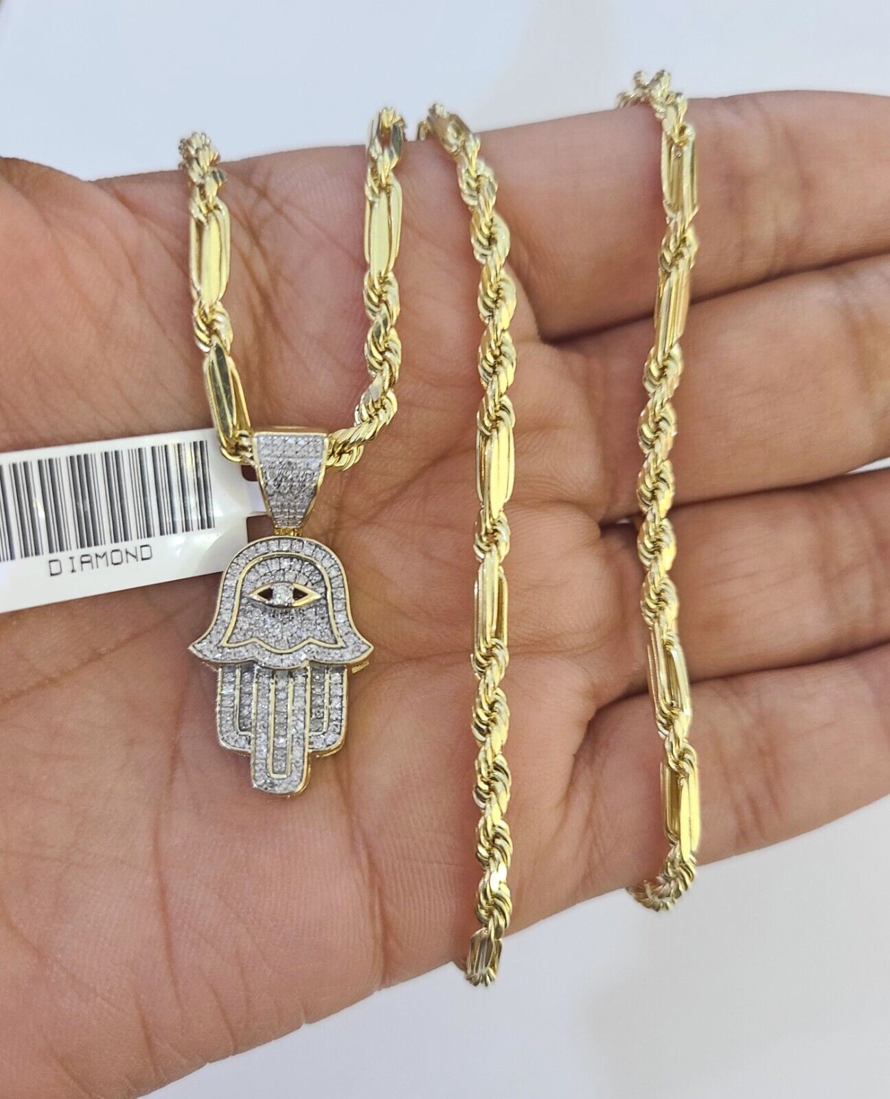 Real 10k Milano Rope Chain Diamond Hamsa Charm Necklace SET 3mm 18" 20" 22" 24" - GoldenlinQ