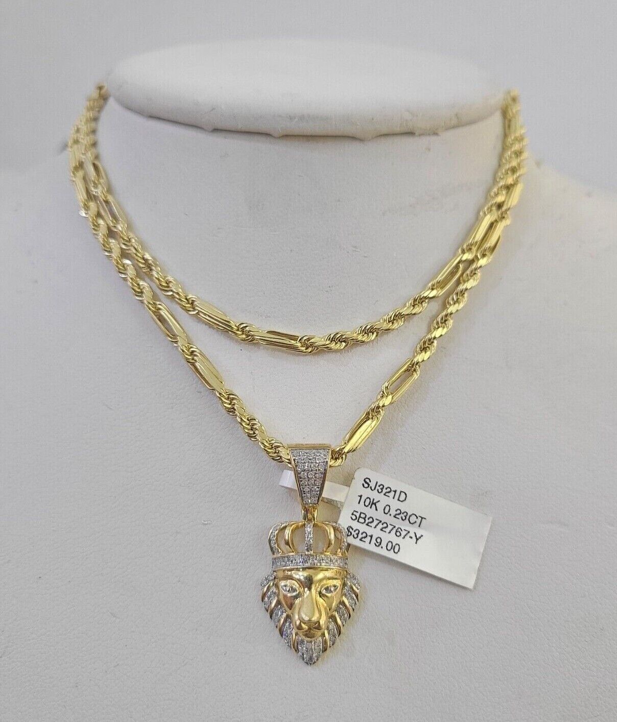 Real 10k Milano Rope Chain Diamond Lion Charm Necklace SET 3mm 18" 20" 22" 24" - GoldenlinQ