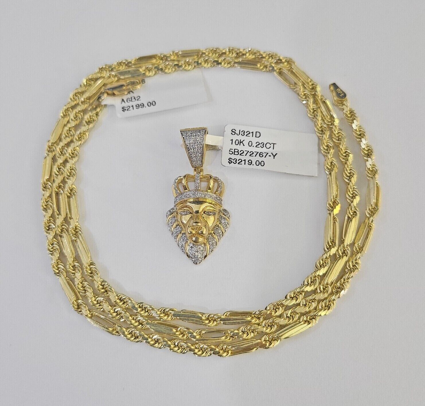 Real 10k Milano Rope Chain Diamond Lion Charm Necklace SET 3mm 18" 20" 22" 24" - GoldenlinQ