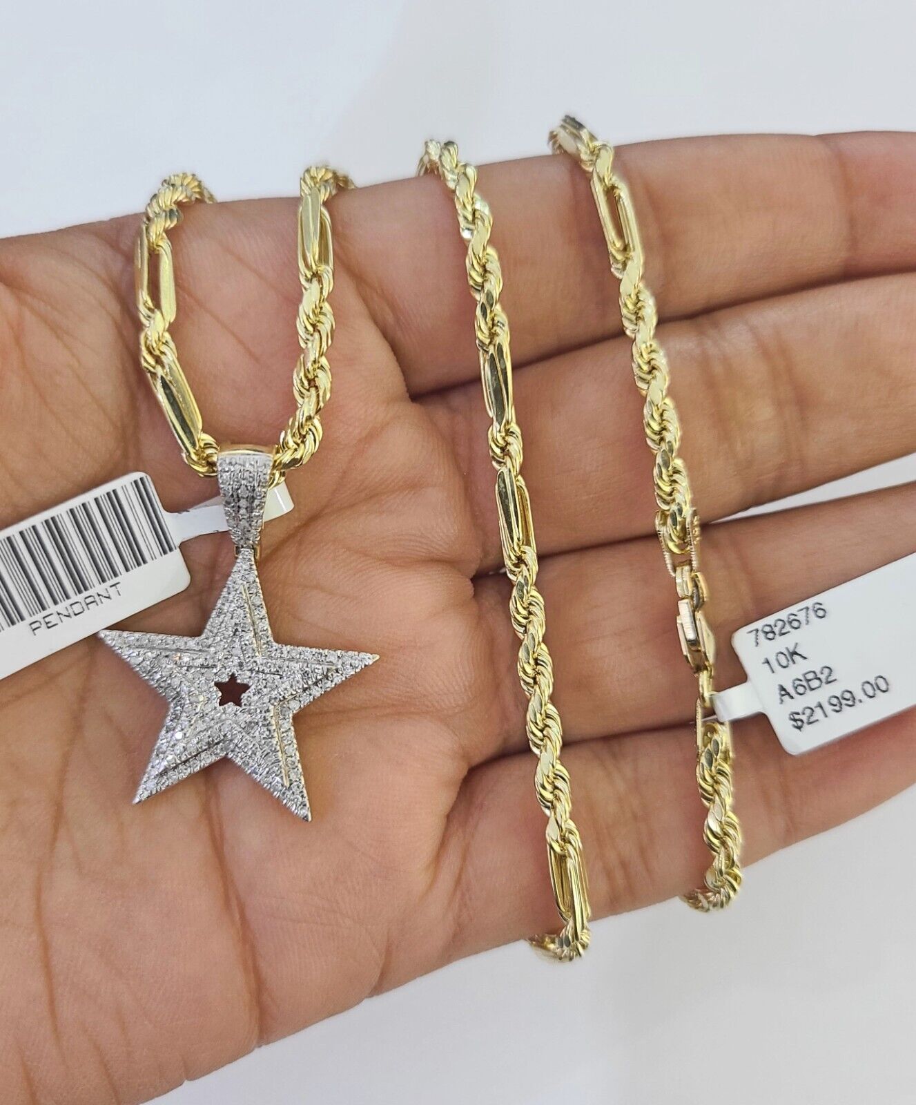 Real 10k Milano Rope Chain Diamond Star Charm Necklace SET 3mm 18" 20" 22" 24" - GoldenlinQ