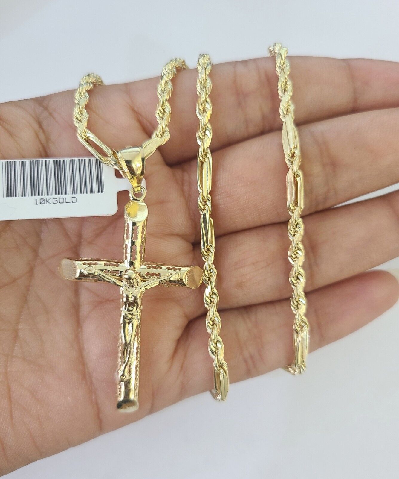 Real 10k Milano Rope Chain Jesus Cross Charm Necklace SET 3mm 18" 20" 22" 24" - GoldenlinQ