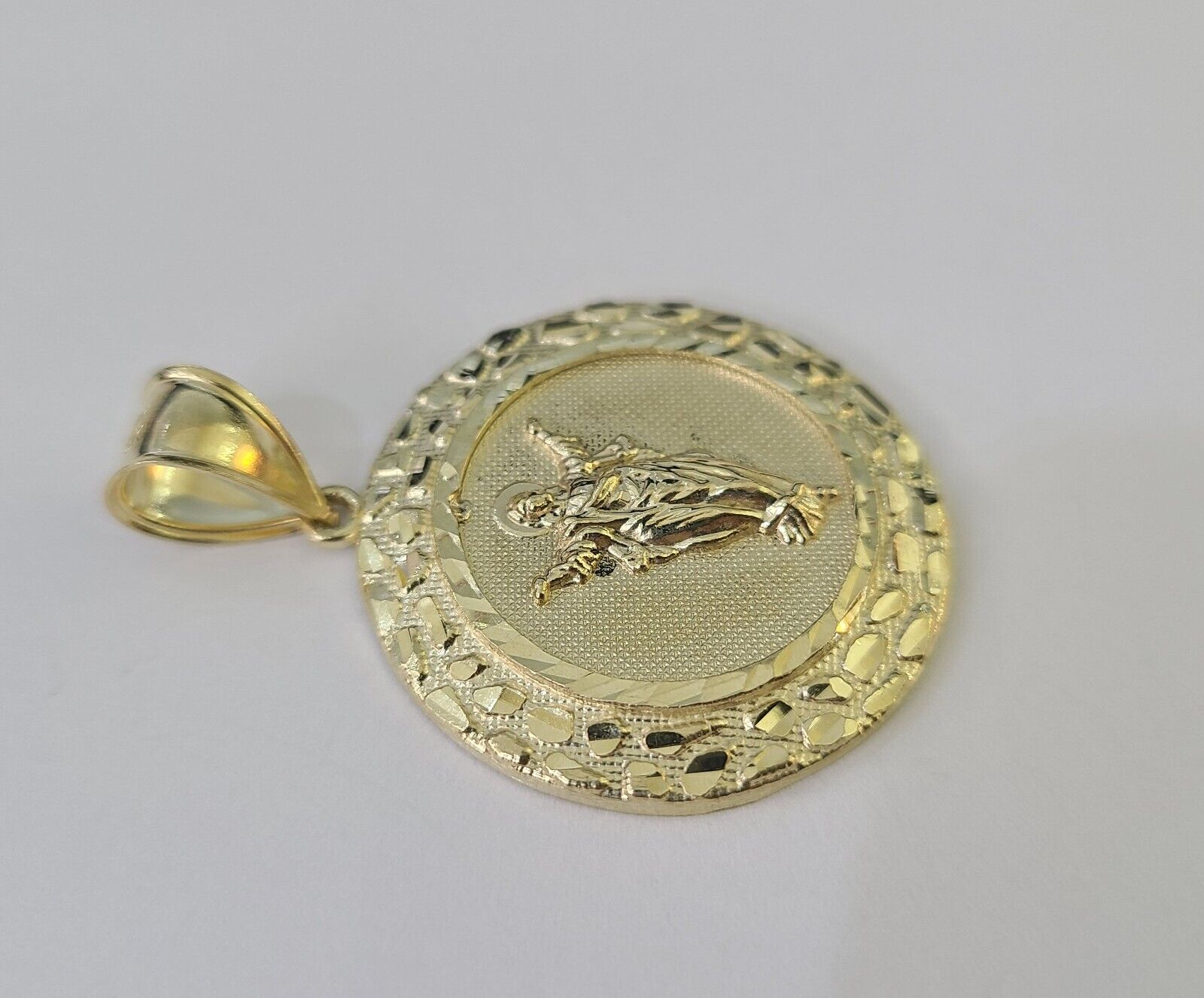 Real 10K Nugget Medallion Guadalupe Pendent Charm 10kt yellow Gold 2" Religious - GoldenlinQ