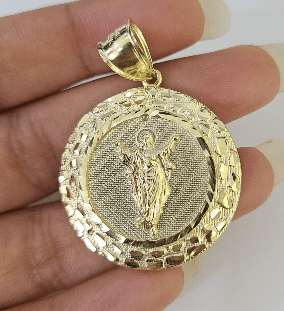 Real 10K Nugget Medallion Guadalupe Pendent Charm 10kt yellow Gold 2" Religious - GoldenlinQ