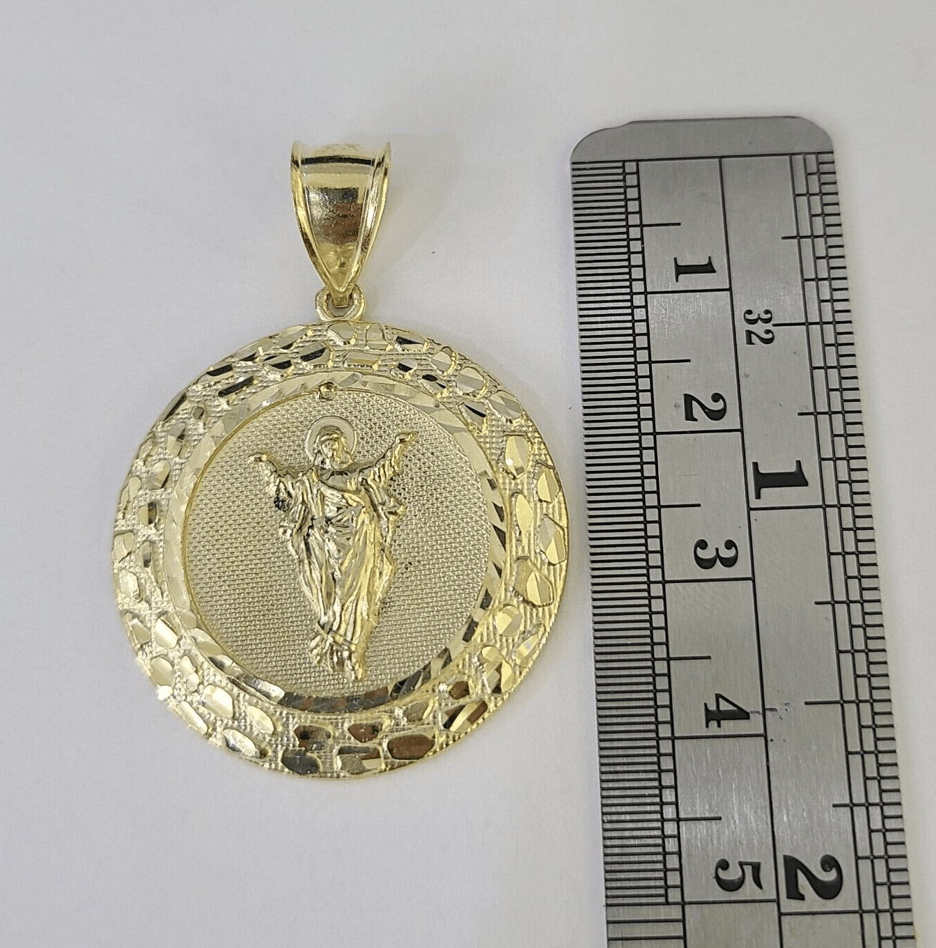 Real 10K Nugget Medallion Guadalupe Pendent Charm 10kt yellow Gold 2" Religious - GoldenlinQ