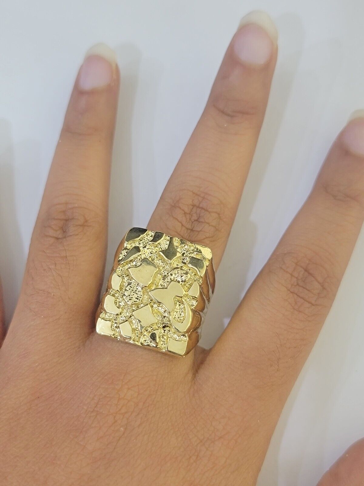 Real 10k Nugget Ring yellow Gold men casual Rectangle gold ring 10kt - GoldenlinQ