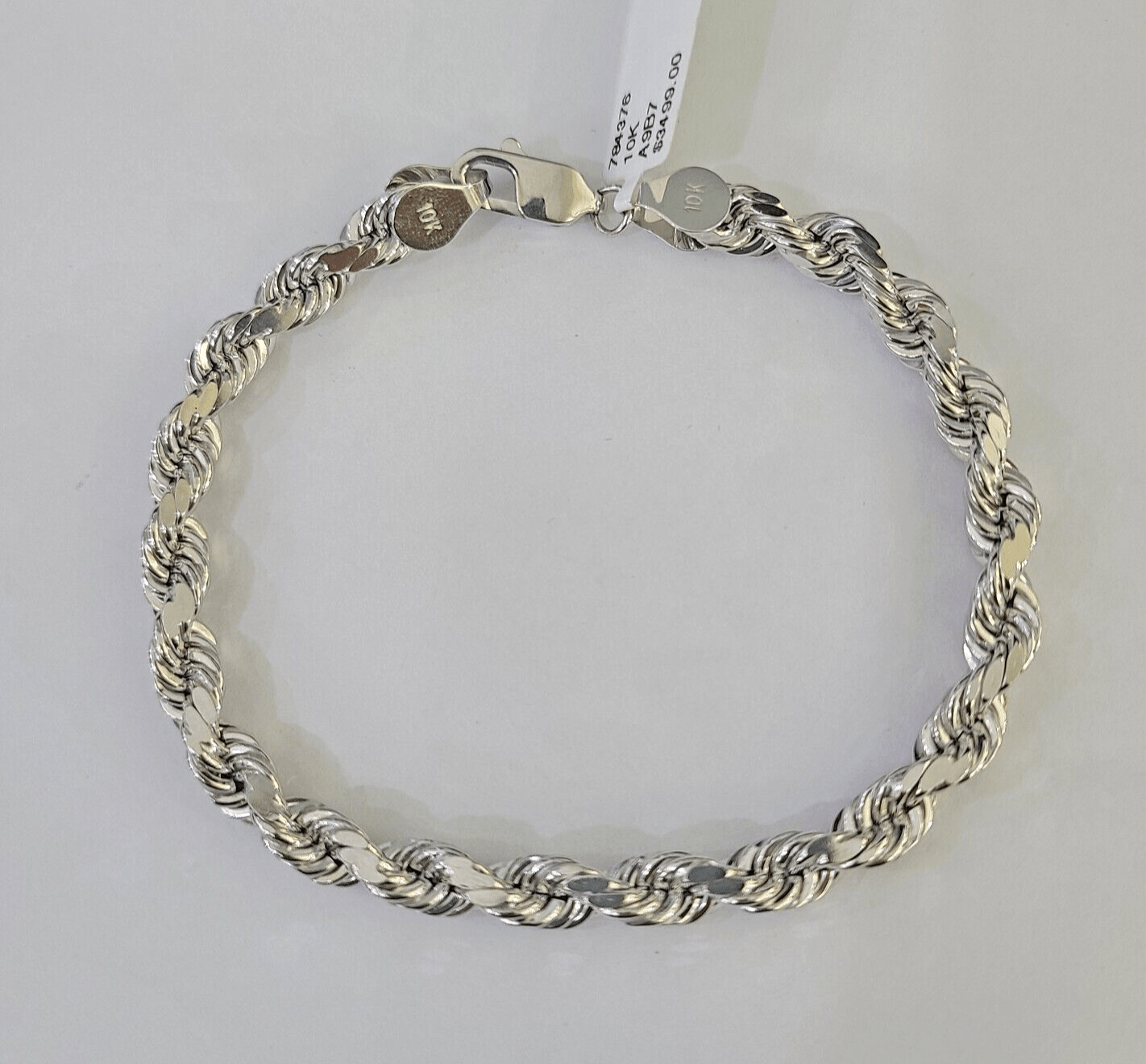 Real 10K Rope Bracelet White Gold 6mm 8Inch Lobster Lock Unisex Genuine - GoldenlinQ