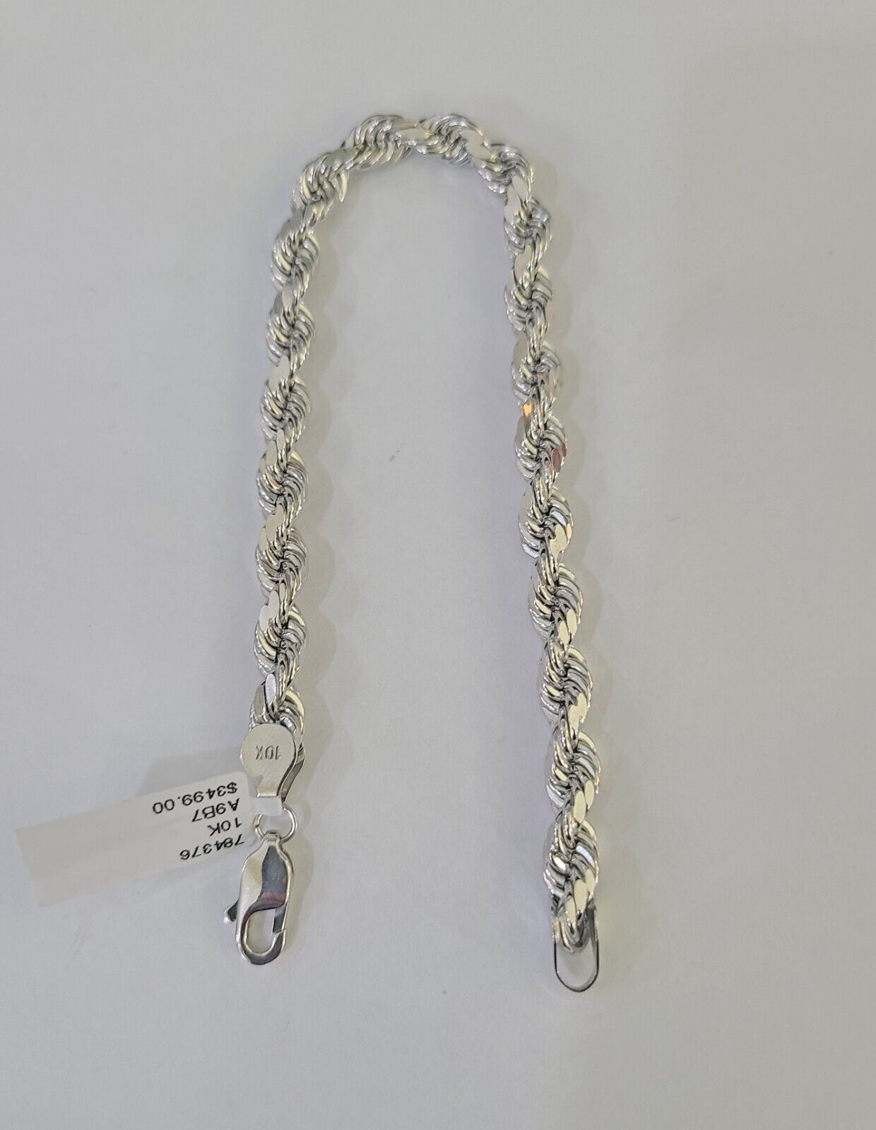 Real 10K Rope Bracelet White Gold 6mm 8Inch Lobster Lock Unisex Genuine - GoldenlinQ