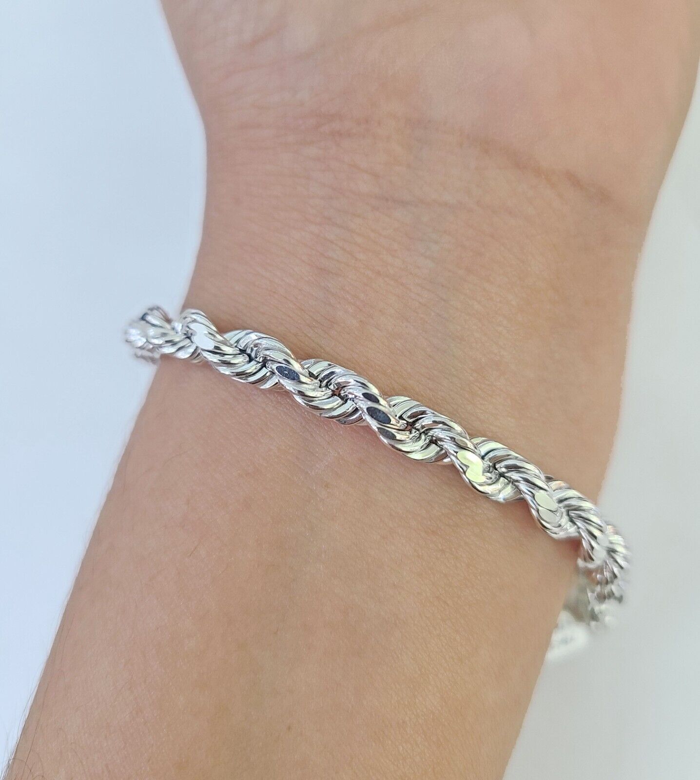 Real 10K Rope Bracelet White Gold 6mm 8Inch Lobster Lock Unisex Genuine - GoldenlinQ
