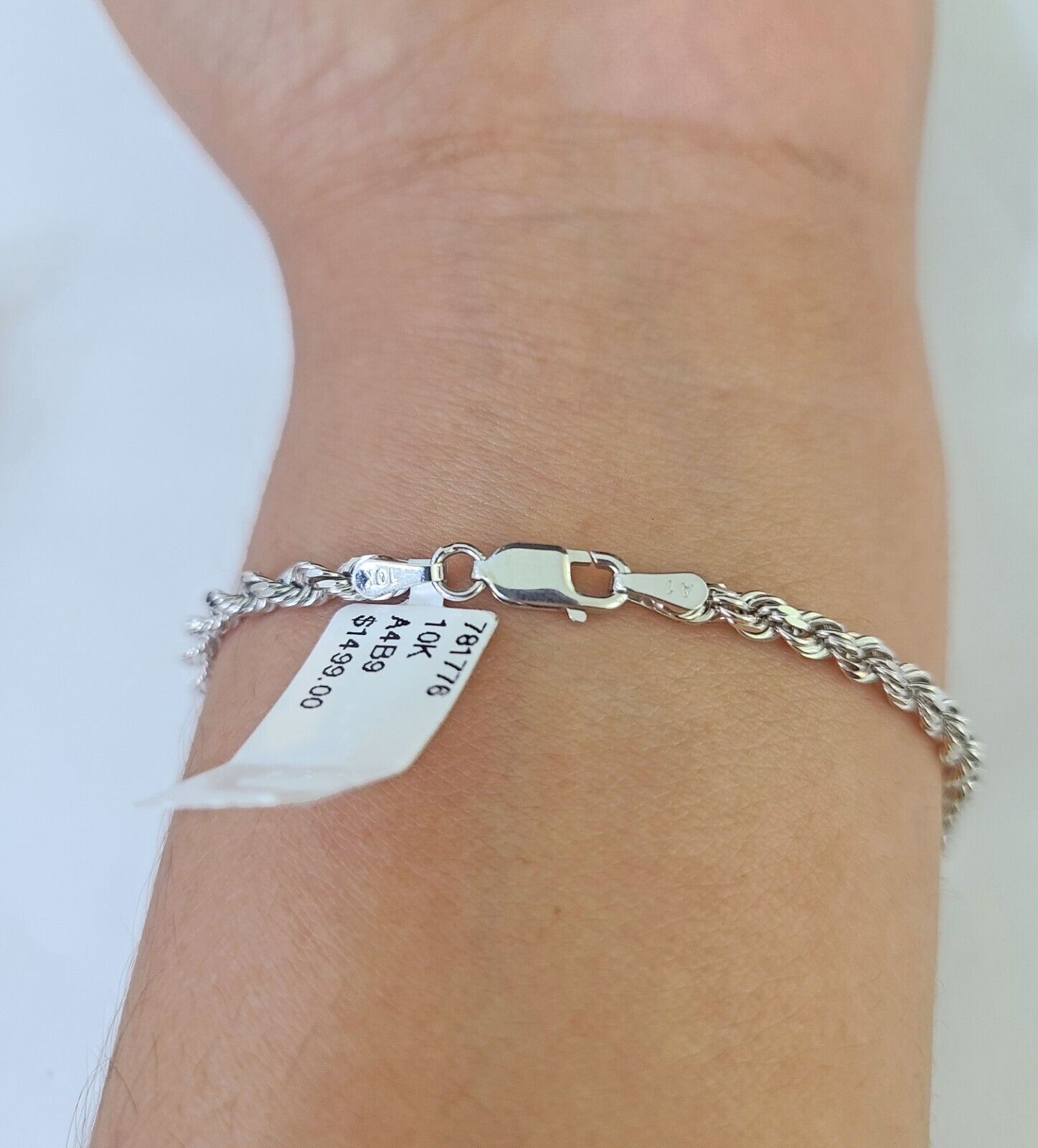 Real 10K Rope Bracelet White Gold Solid 3mm 7Inch Lobster Lock Unisex Genuine - GoldenlinQ