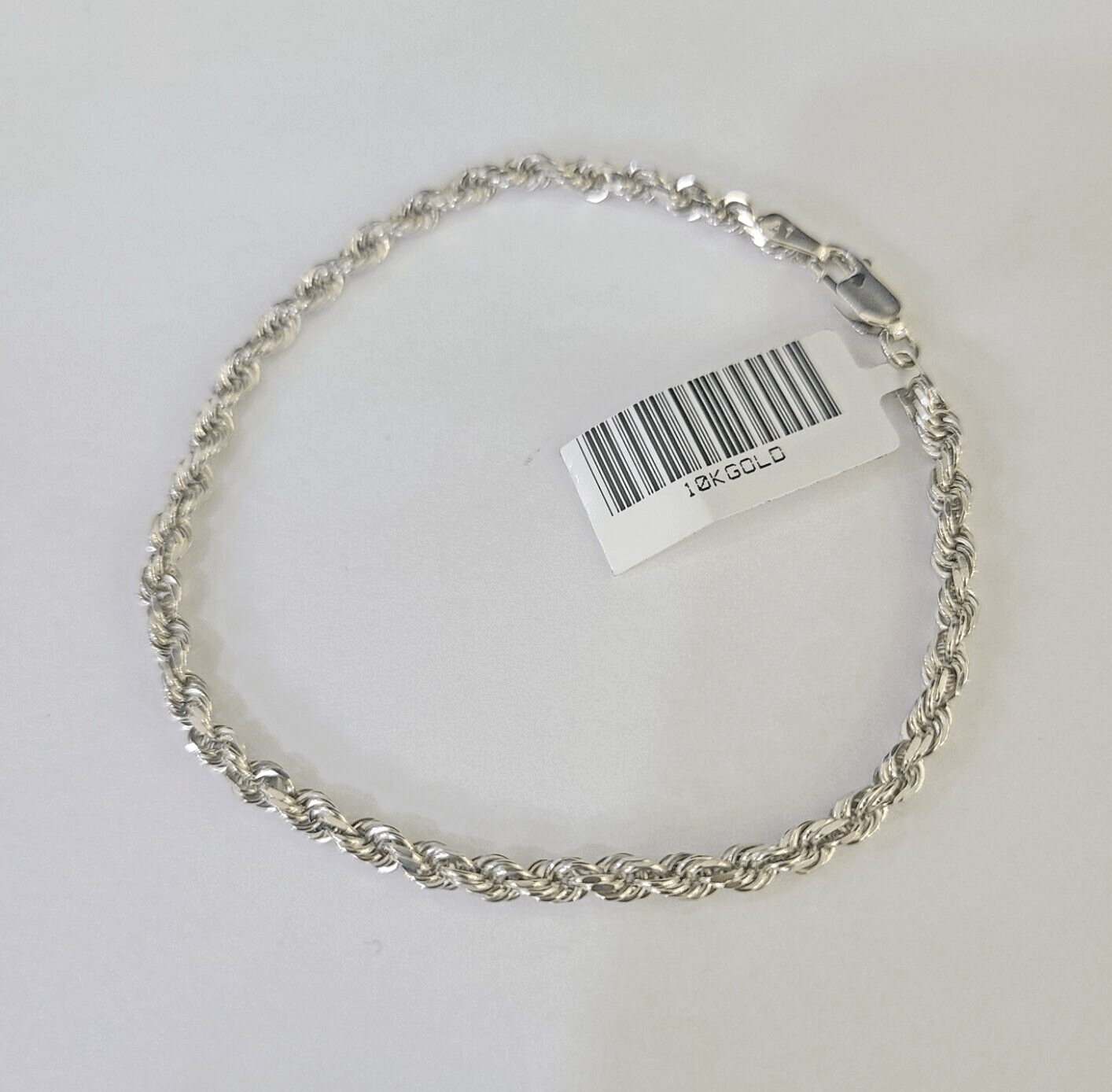 Real 10K Rope Bracelet White Gold Solid 3mm 7Inch Lobster Lock Unisex Genuine - GoldenlinQ