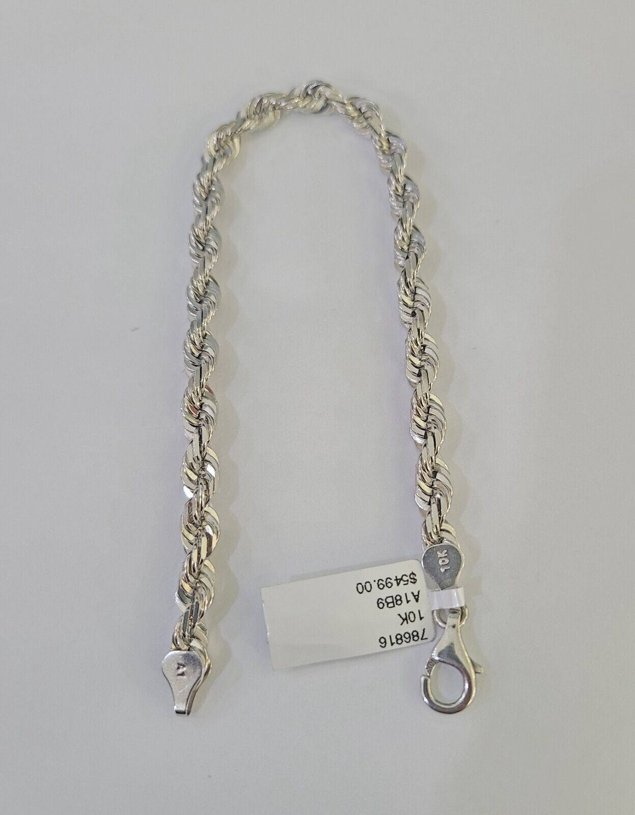 Real 10K Rope Bracelet White Gold Solid 5mm 8.5Inch Lobster Lock Unisex Genuine - GoldenlinQ