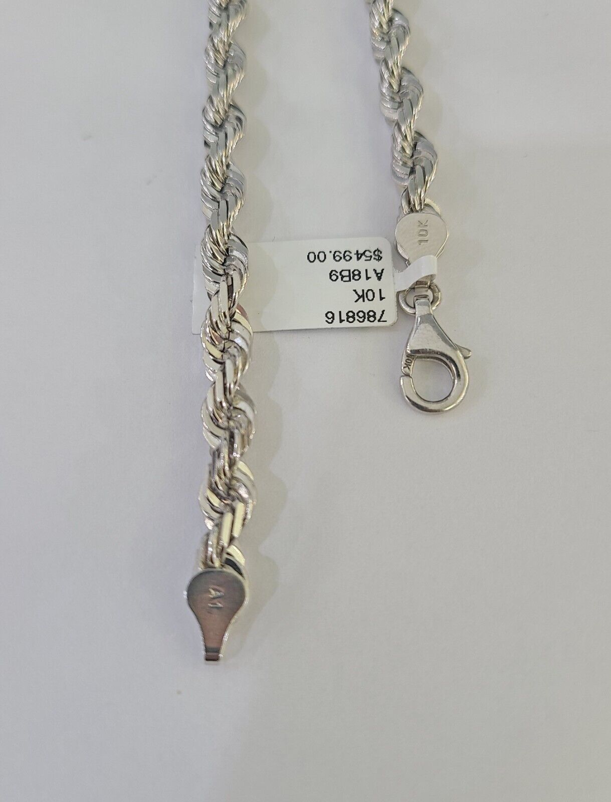 Real 10K Rope Bracelet White Gold Solid 5mm 8.5Inch Lobster Lock Unisex Genuine - GoldenlinQ