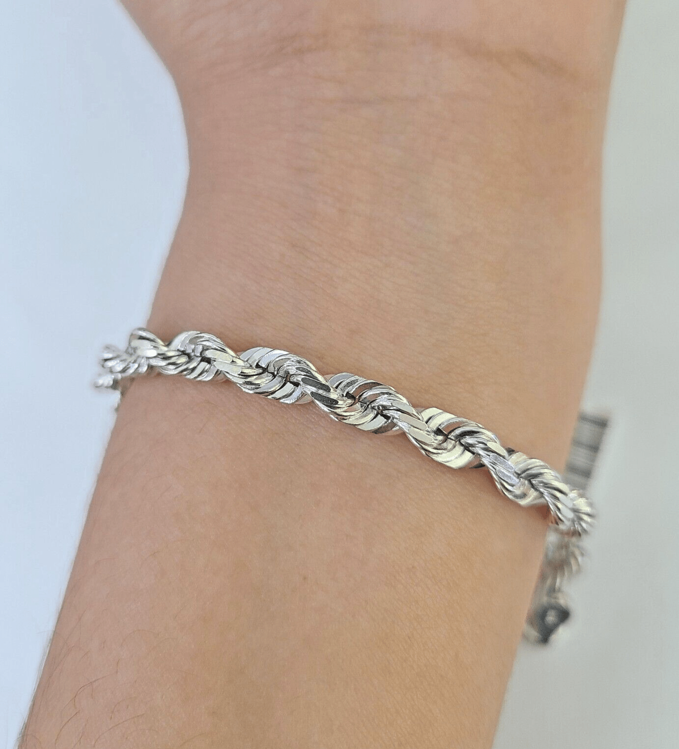 Real 10K Rope Bracelet White Gold Solid 5mm 8.5Inch Lobster Lock Unisex Genuine - GoldenlinQ