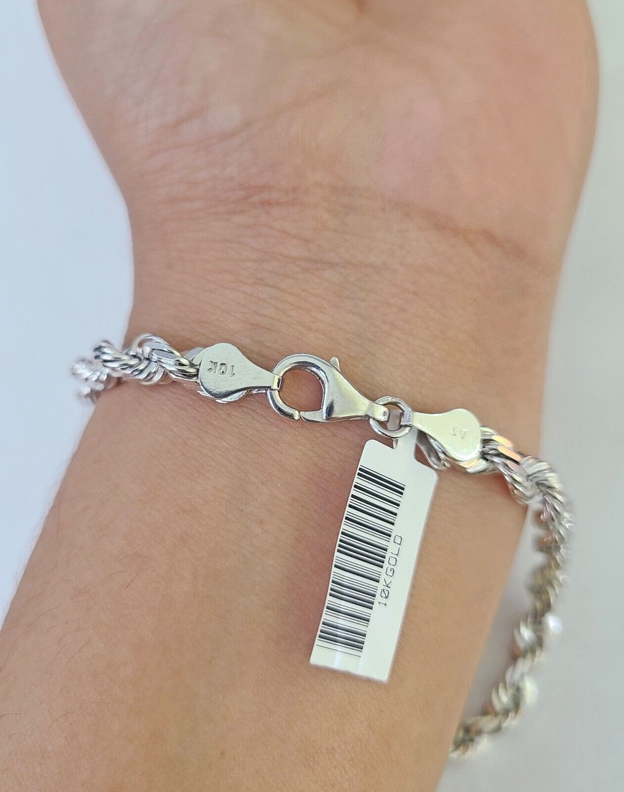 Real 10K Rope Bracelet White Gold Solid 5mm 8.5Inch Lobster Lock Unisex Genuine - GoldenlinQ