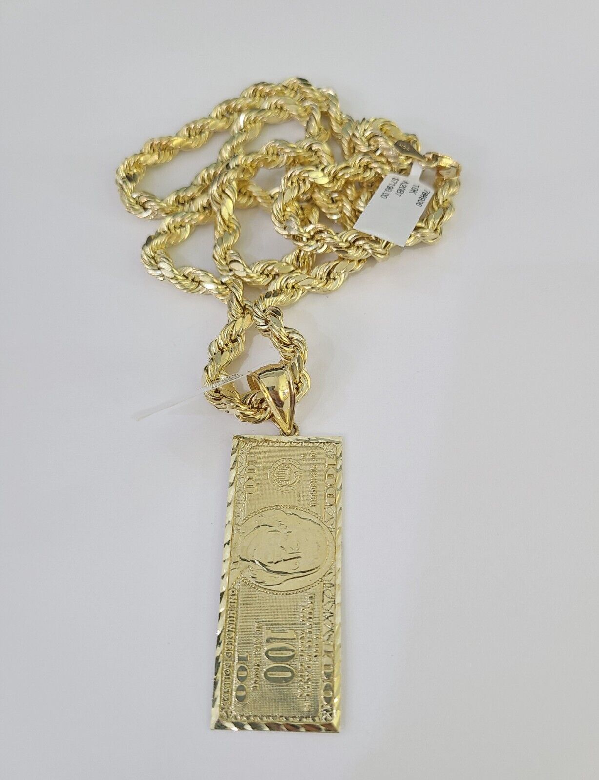 Real 10k Rope Chain 100$ Bill Money Charm Set 7mm 20" - 28" Inch Necklace Gold - GoldenlinQ
