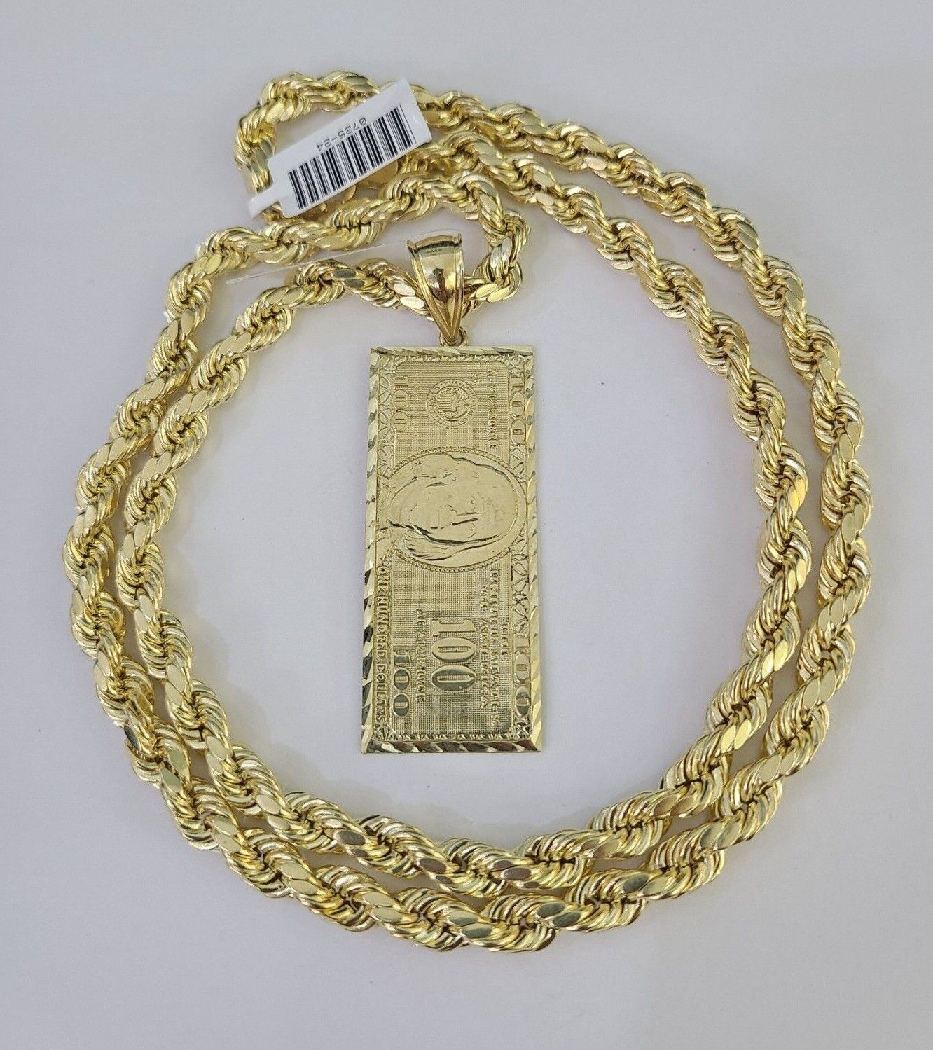 Real 10k Rope Chain 100$ Bill Money Charm Set 7mm 20" - 28" Inch Necklace Gold - GoldenlinQ