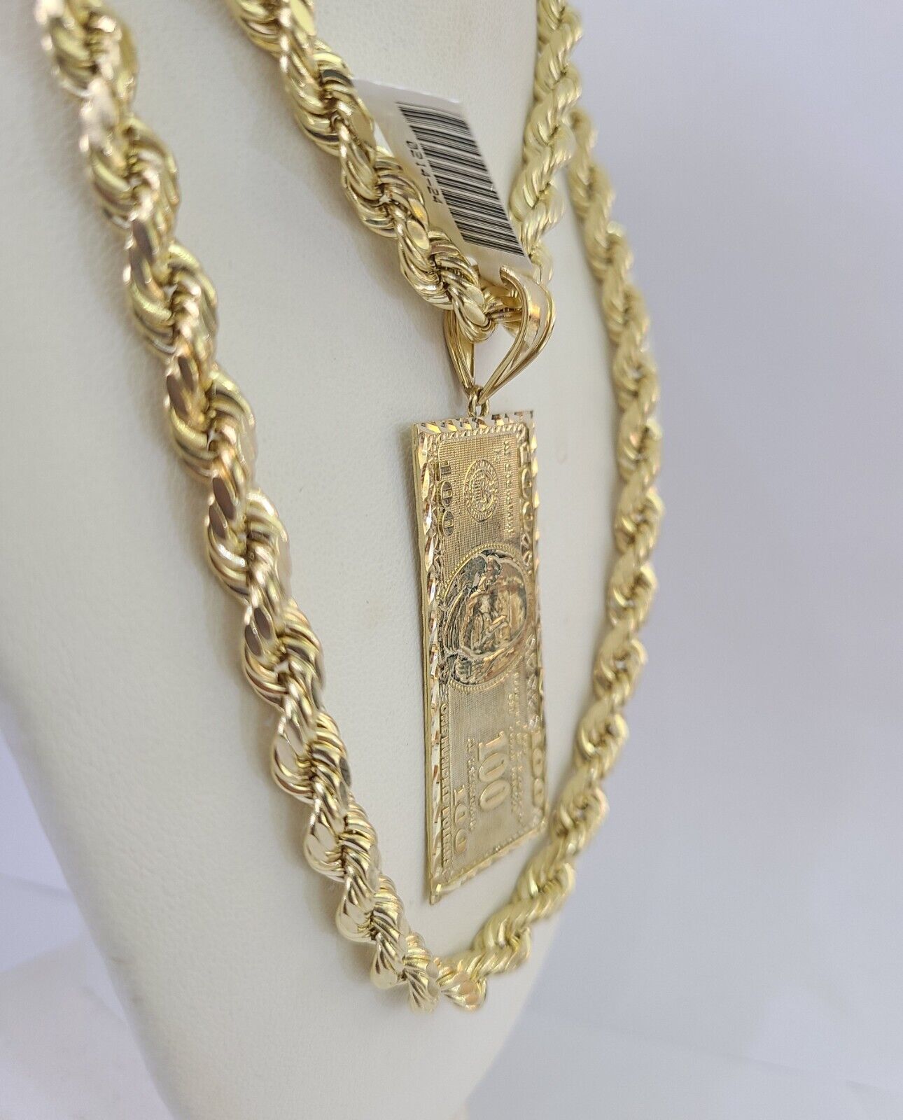Real 10k Rope Chain 100$ Bill Money Charm Set 7mm 20" - 28" Inch Necklace Gold - GoldenlinQ