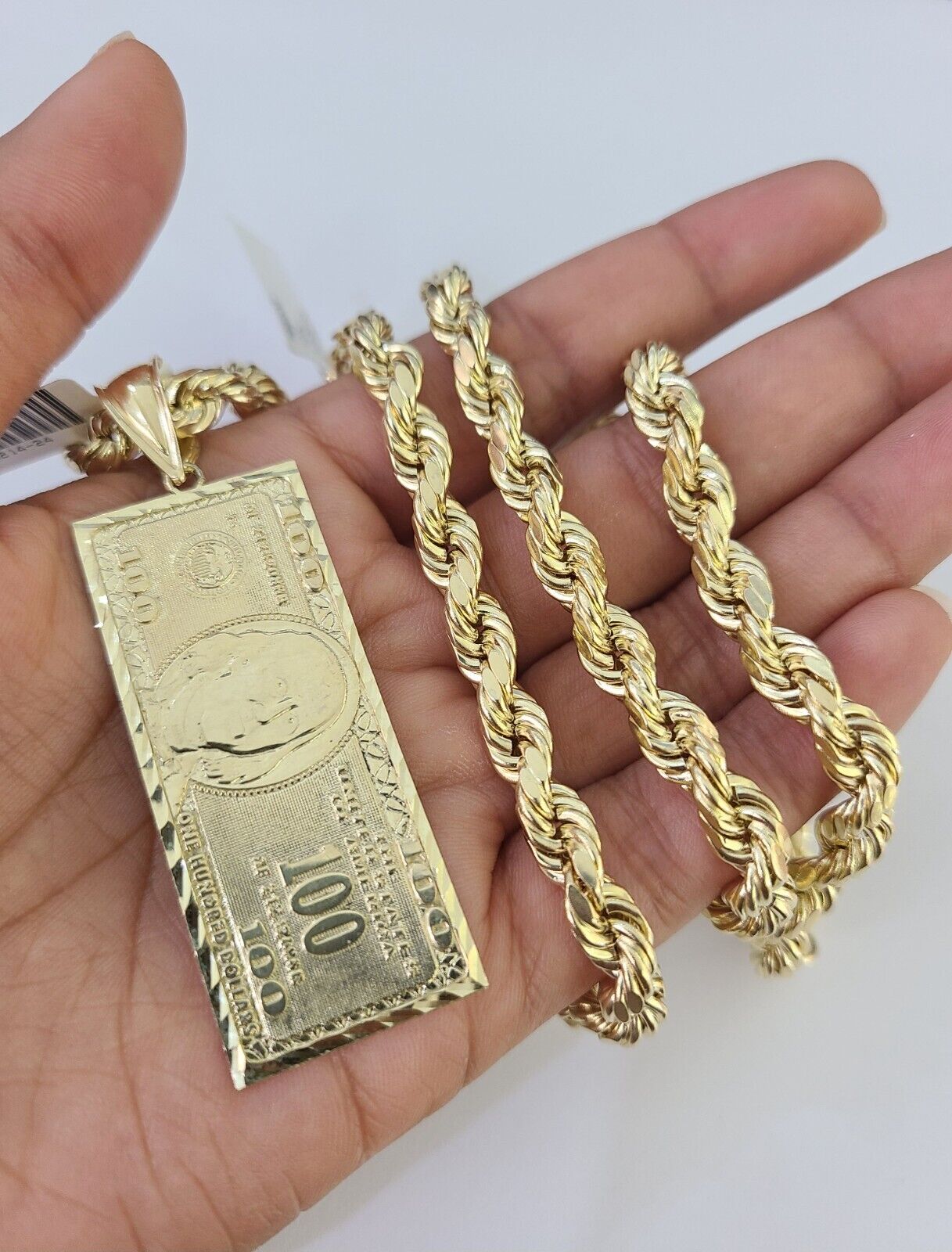 Real 10k Rope Chain 100$ Bill Money Charm Set 7mm 20" - 28" Inch Necklace Gold - GoldenlinQ