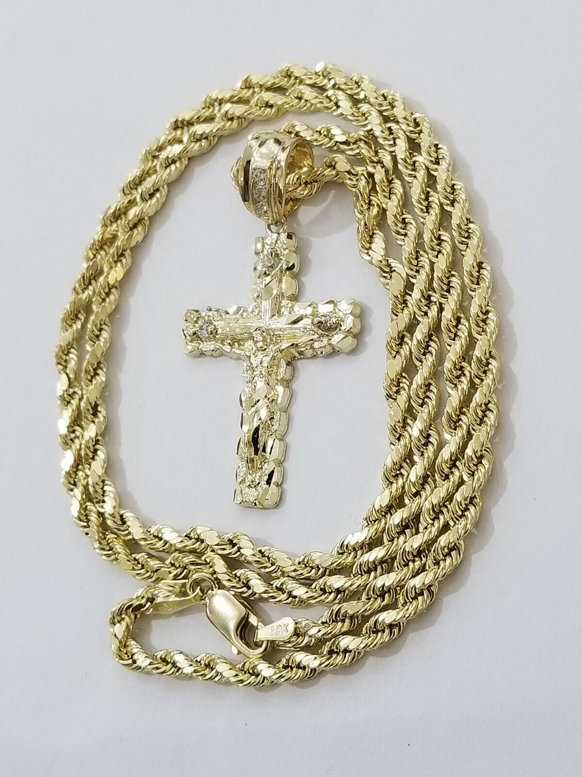 REAL 10k Rope Chain And Cross Charm Pendant 3mm Necklace Jesus Cross Set 16" - 28" - GoldenlinQ