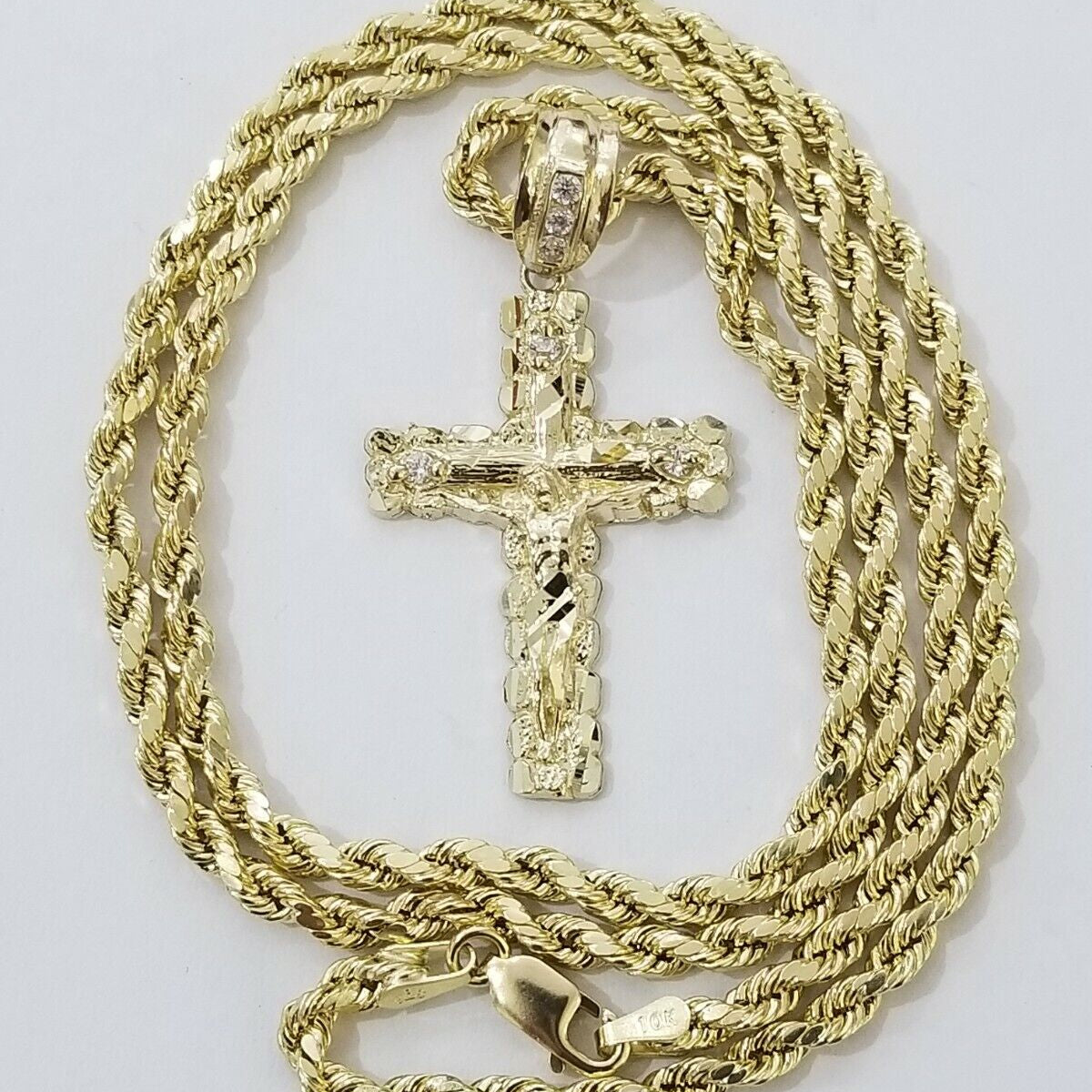 REAL 10k Rope Chain And Cross Charm Pendant 3mm Necklace Jesus Cross S ...