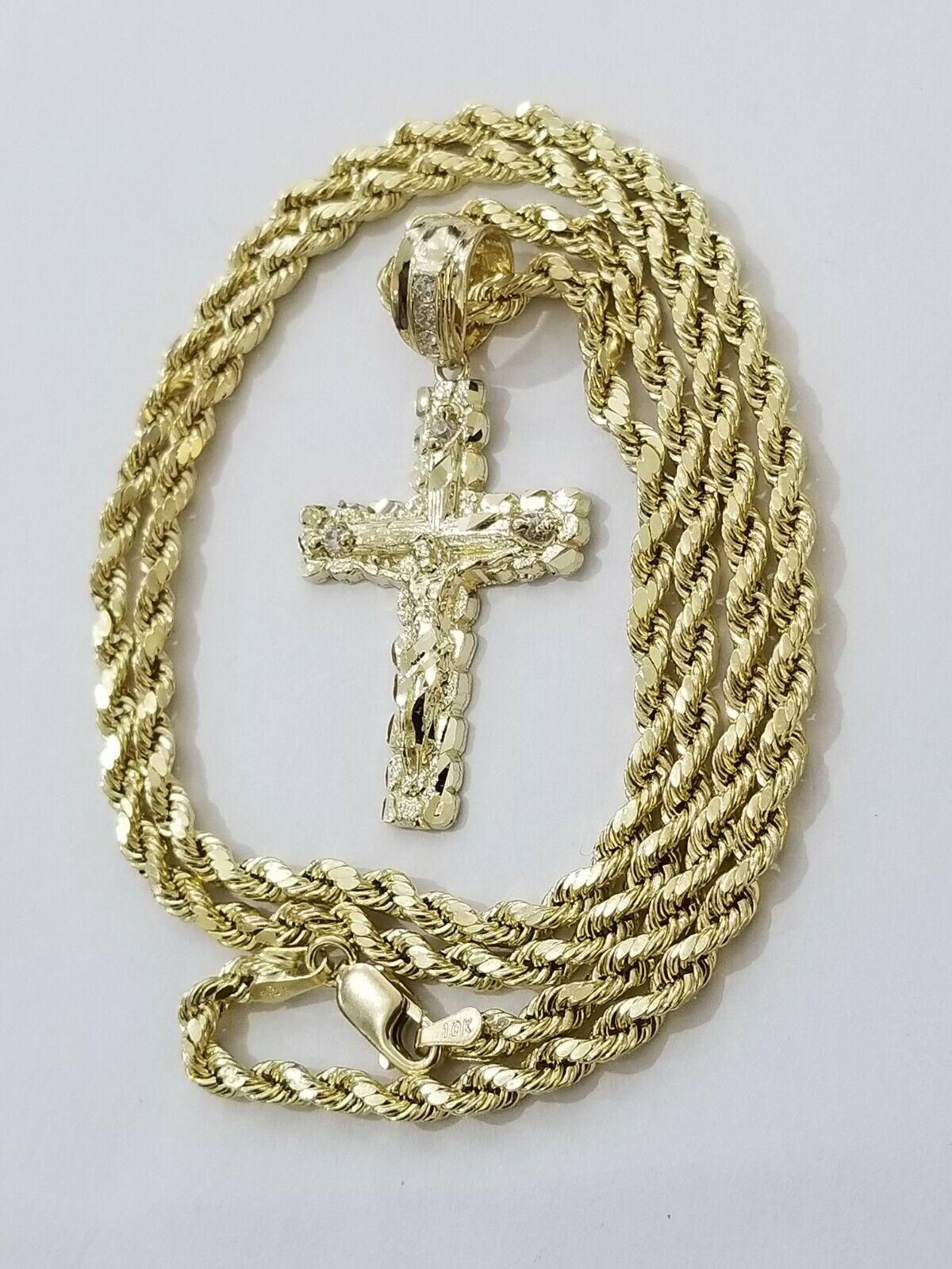 REAL 10k Rope Chain And Cross Charm Pendant 3mm Necklace Jesus Cross Set 16" - 28" - GoldenlinQ