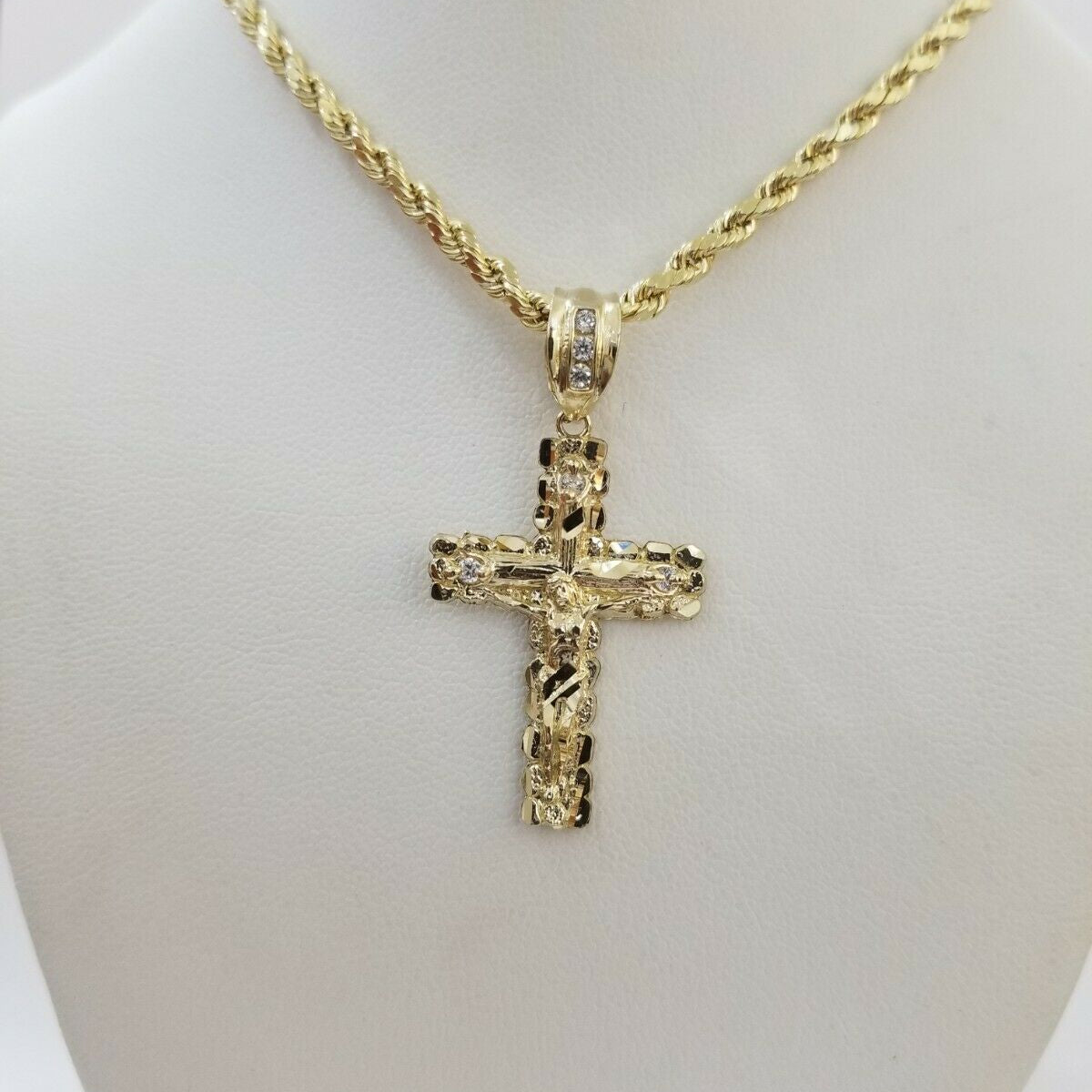 REAL 10k Rope Chain And Cross Charm Pendant 3mm Necklace Jesus Cross S ...