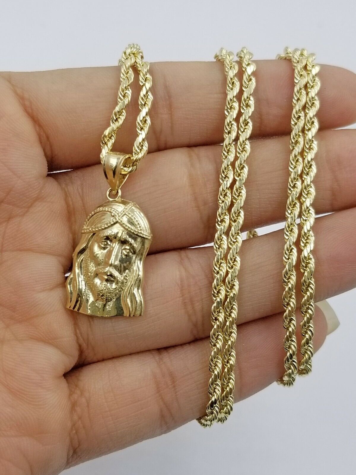 REAL 10k Rope Chain And Jesus head face Charm Pendant 3mm Necklace Set 16" - 28" - GoldenlinQ