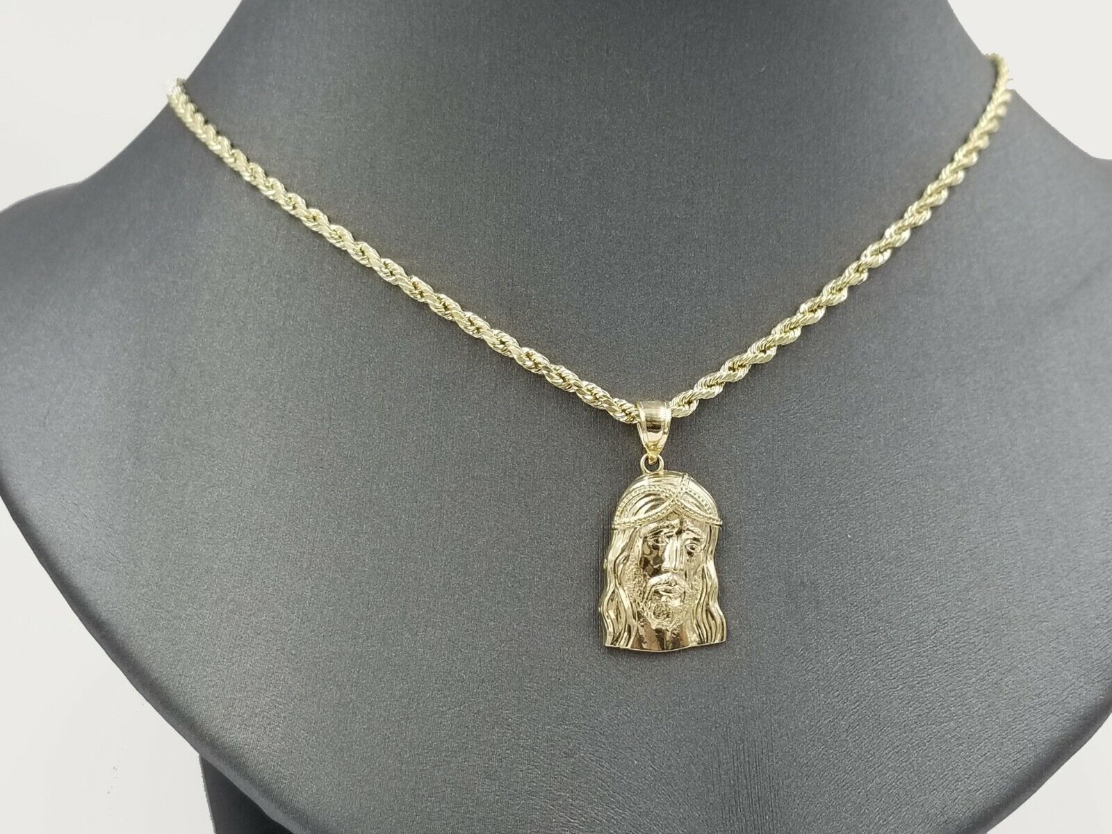 REAL 10k Rope Chain And Jesus head face Charm Pendant 3mm Necklace Set 16" - 28" - GoldenlinQ