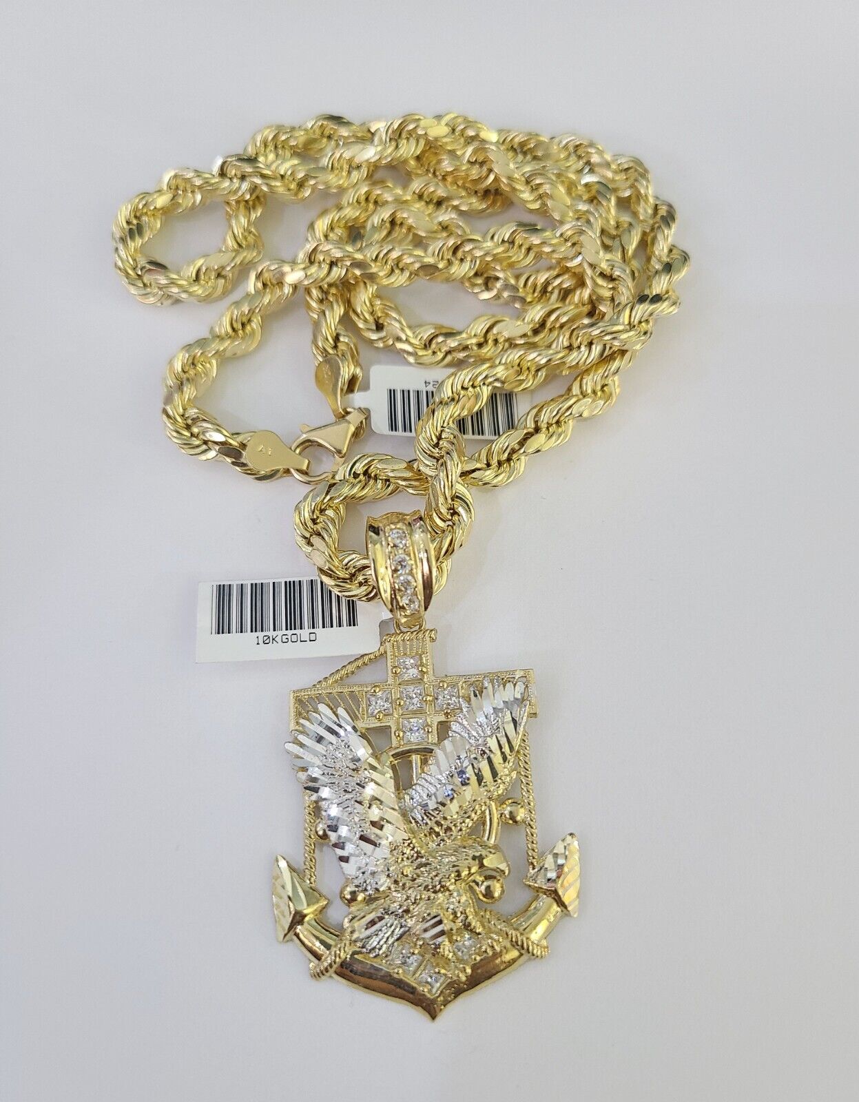 Real 10k Rope Chain Eagle Anchor Charm Set 7mm 20" - 28" Inch Necklace Yellow Gold - GoldenlinQ