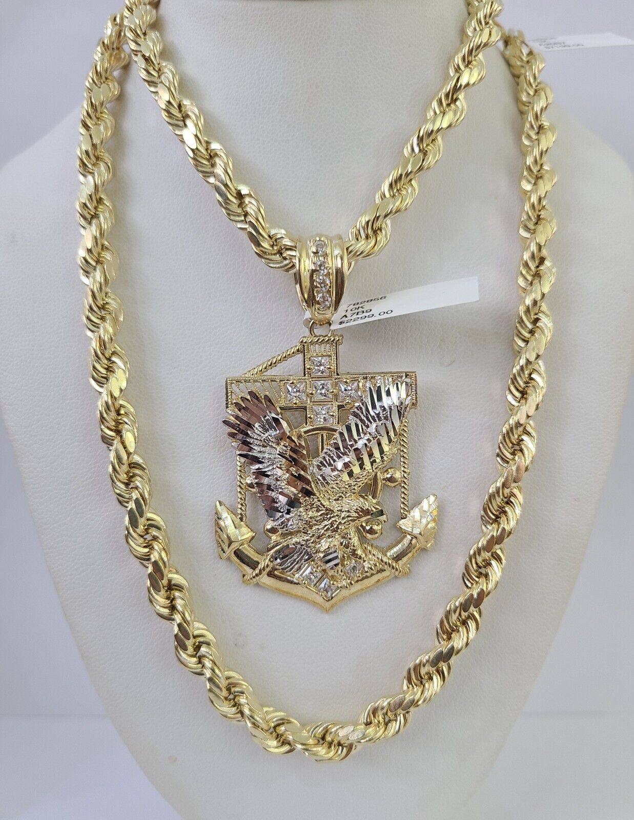 Real 10k Rope Chain Eagle Anchor Charm Set 7mm 20" - 28" Inch Necklace Yellow Gold - GoldenlinQ