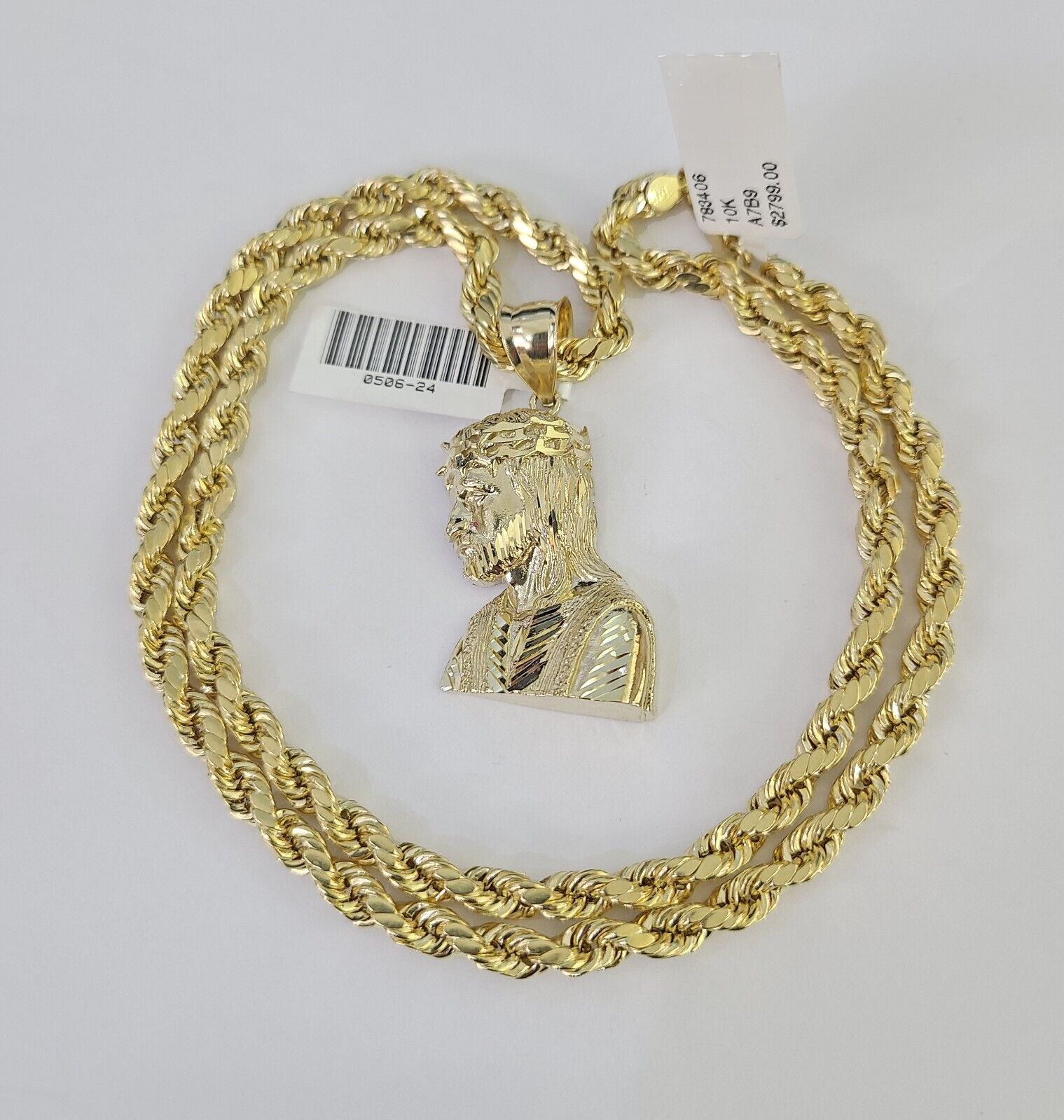 Real 10k Rope Chain Jesus Charm Necklace Pendant Set 5mm 20" - 30" Inch Gold - GoldenlinQ