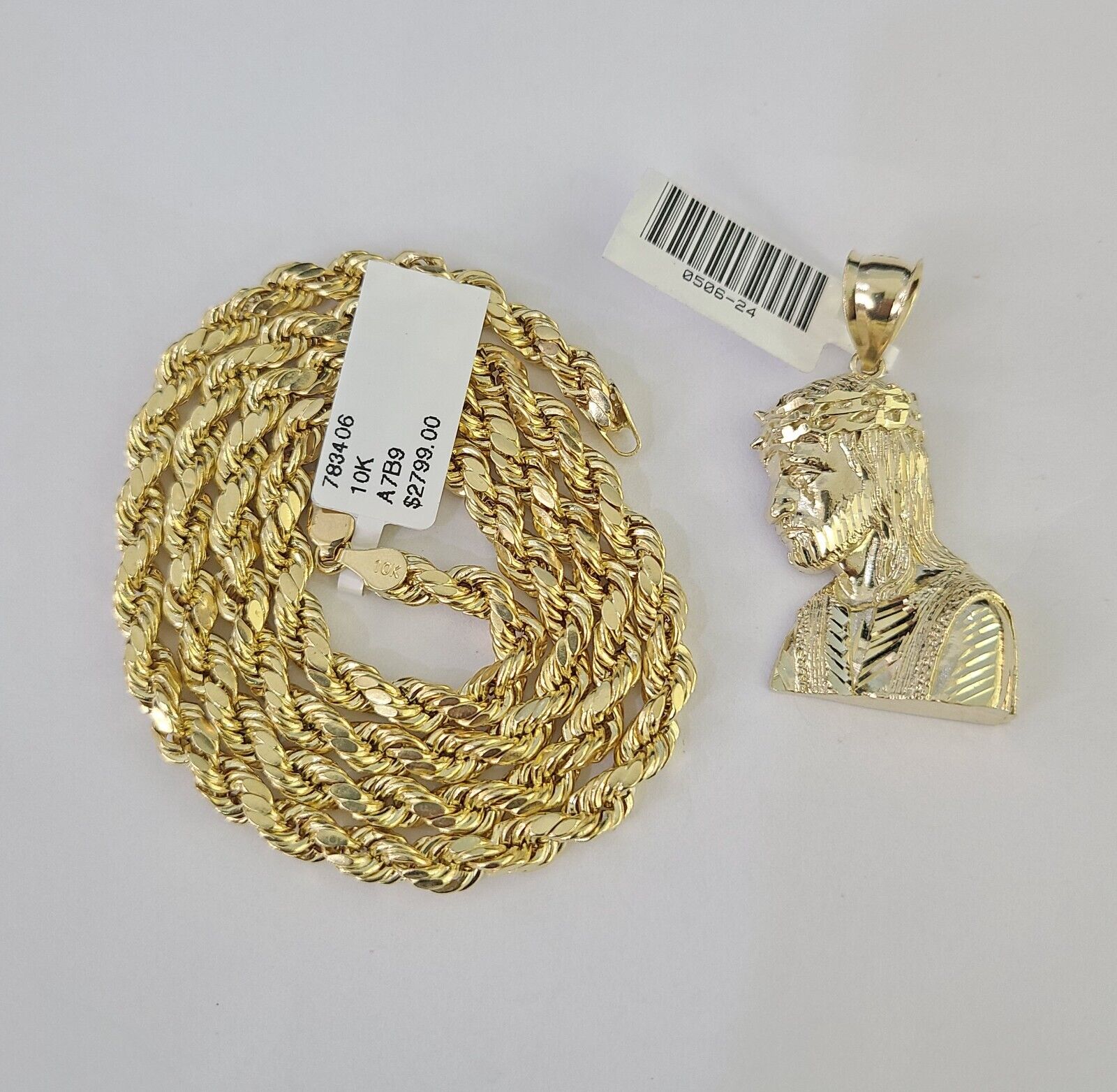 Real 10k Rope Chain Jesus Charm Necklace Pendant Set 5mm 20" - 30" Inch Gold - GoldenlinQ