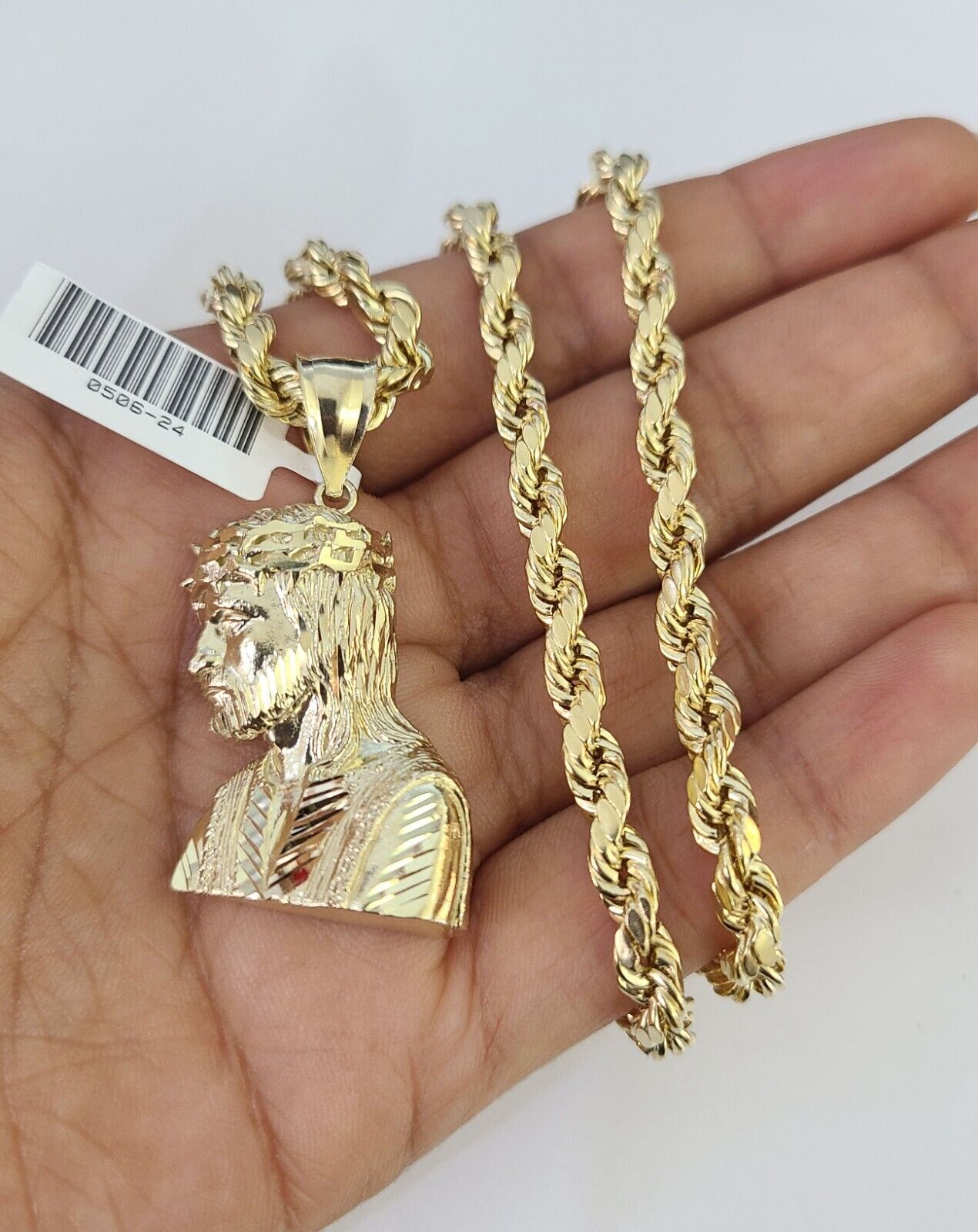 Real 10k Rope Chain Jesus Charm Necklace Pendant Set 5mm 20" - 30" Inch Gold - GoldenlinQ