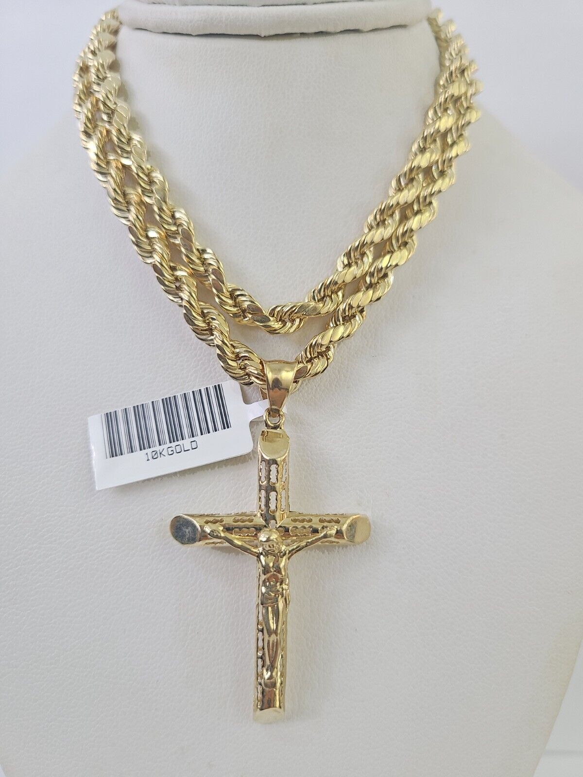 Real 10k Rope Chain Jesus Cross Charm Necklace Pendant Set 5mm 20" - 30" Inch Gold - GoldenlinQ