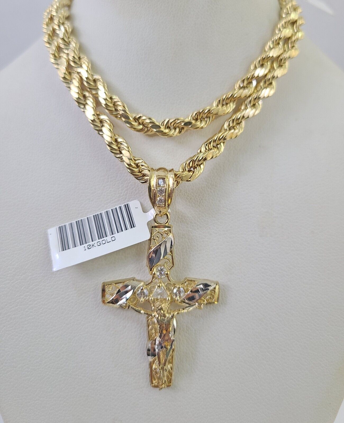 Real 10k Rope Chain Jesus Cross Charm Necklace Pendant Set 5mm 20" - 30" Inch Gold - GoldenlinQ