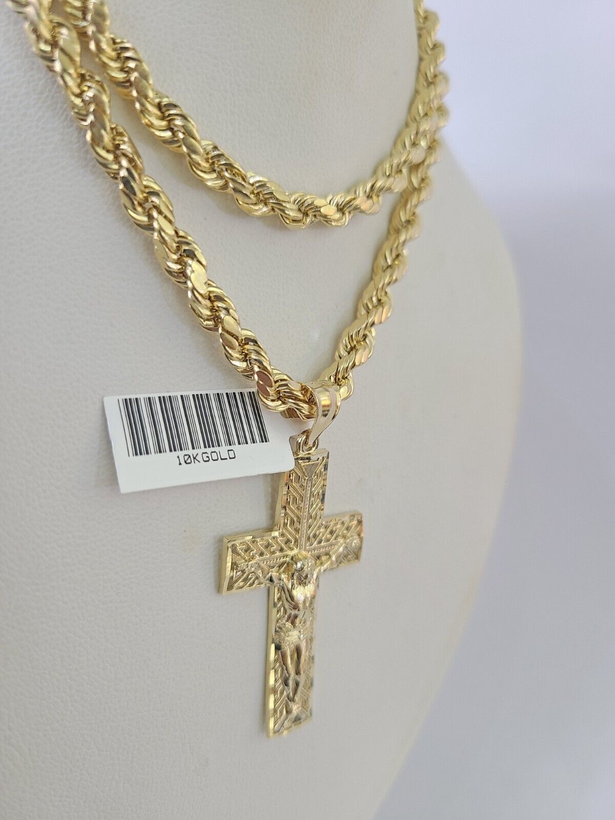 Real 10k Rope Chain Jesus Cross Charm Necklace Pendant Set 5mm 20" - 30" Inch Gold - GoldenlinQ