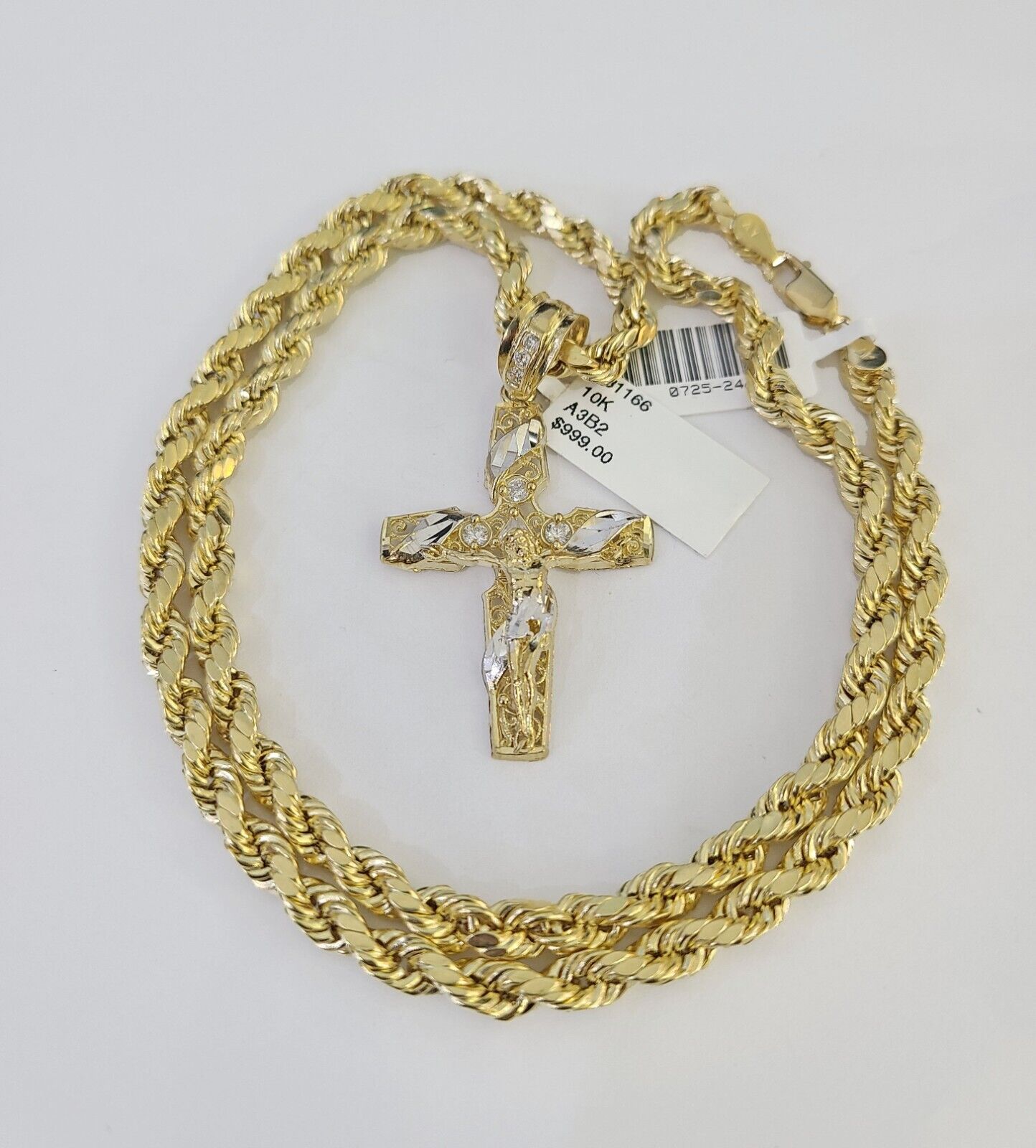 Real 10k Rope Chain Jesus Cross Charm Necklace Pendant Set 5mm 20" - 30" Inch Gold - GoldenlinQ