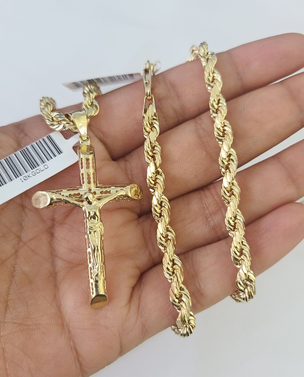 Real 10k Rope Chain Jesus Cross Charm Necklace Pendant Set 5mm 20" - 30" Inch Gold - GoldenlinQ