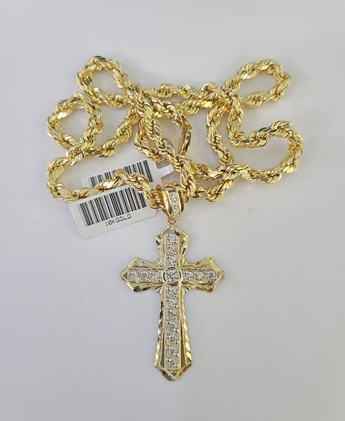 Real 10k Rope Chain Jesus Cross Charm Necklace Pendant Set 5mm 20" - 30" Inch Gold - GoldenlinQ