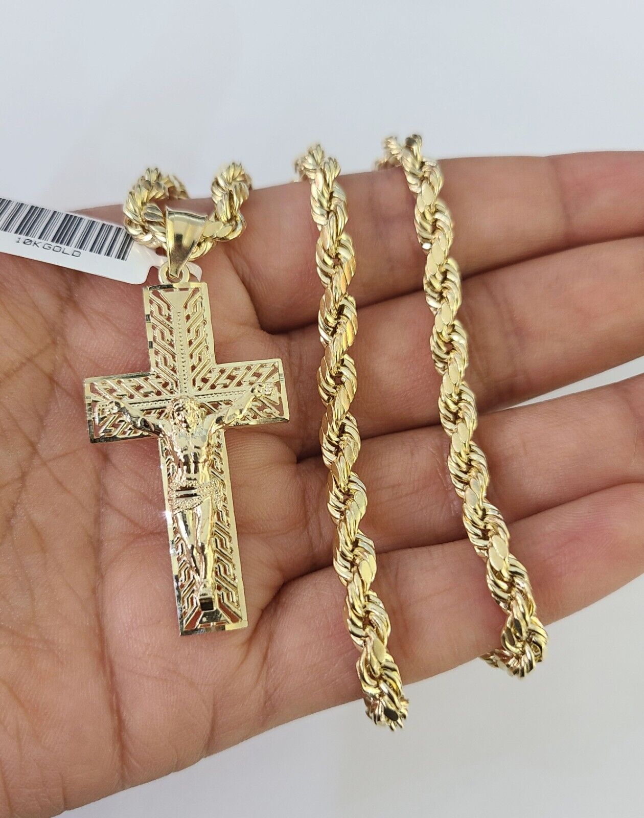 Real 10k Rope Chain Jesus Cross Charm Necklace Pendant Set 5mm 20" - 30" Inch Gold - GoldenlinQ