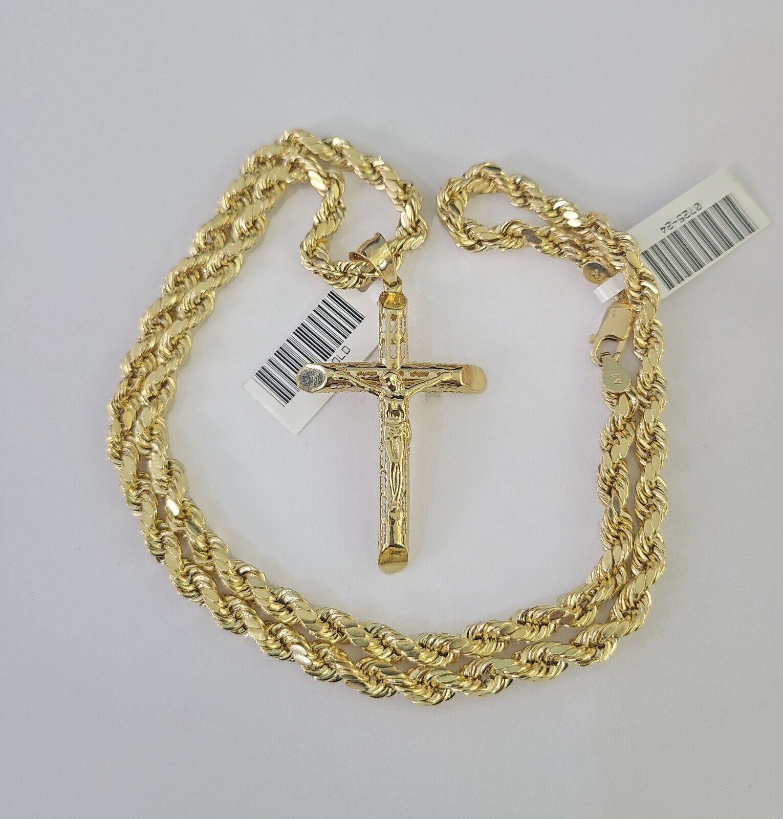 Real 10k Rope Chain Jesus Cross Charm Necklace Pendant Set 5mm 20" - 30" Inch Gold - GoldenlinQ