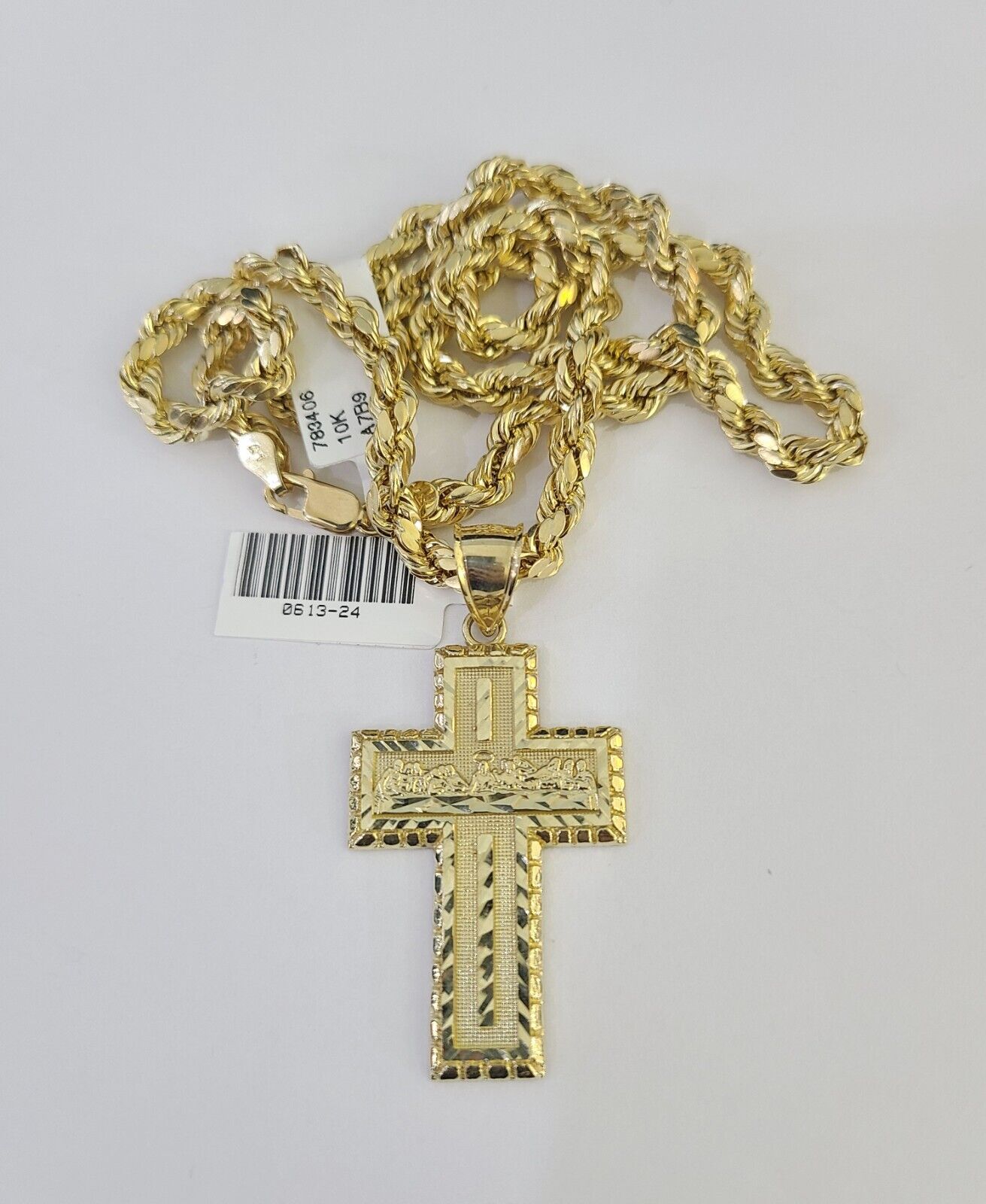 Real 10k Rope Chain Jesus Cross Charm Necklace Pendant Set 5mm 20" - 30" Inch Gold - GoldenlinQ