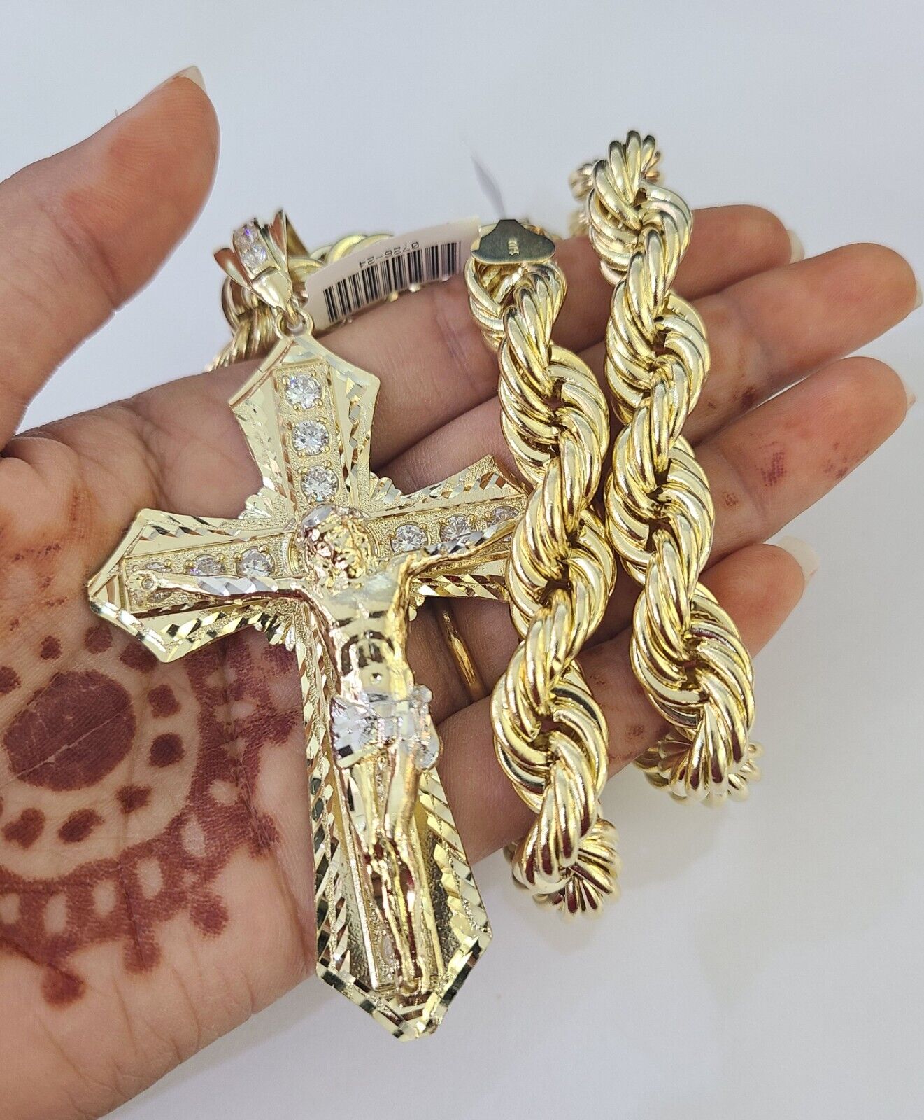 Real 10k Rope Chain Jesus Cross Charm Set 12mm 20" - 30" Inch Necklace Yellow Gold - GoldenlinQ