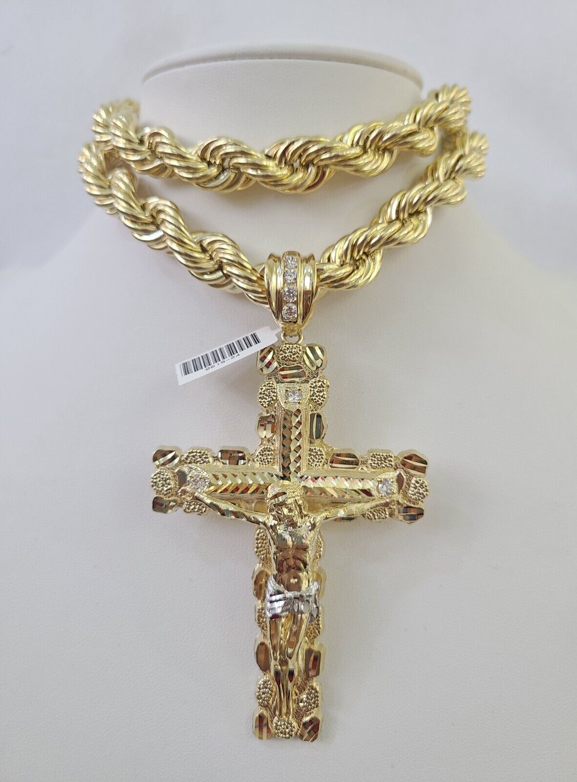 Real 10k Rope Chain Jesus Cross Charm Set 12mm 20" - 30" Inch Necklace Yellow Gold - GoldenlinQ