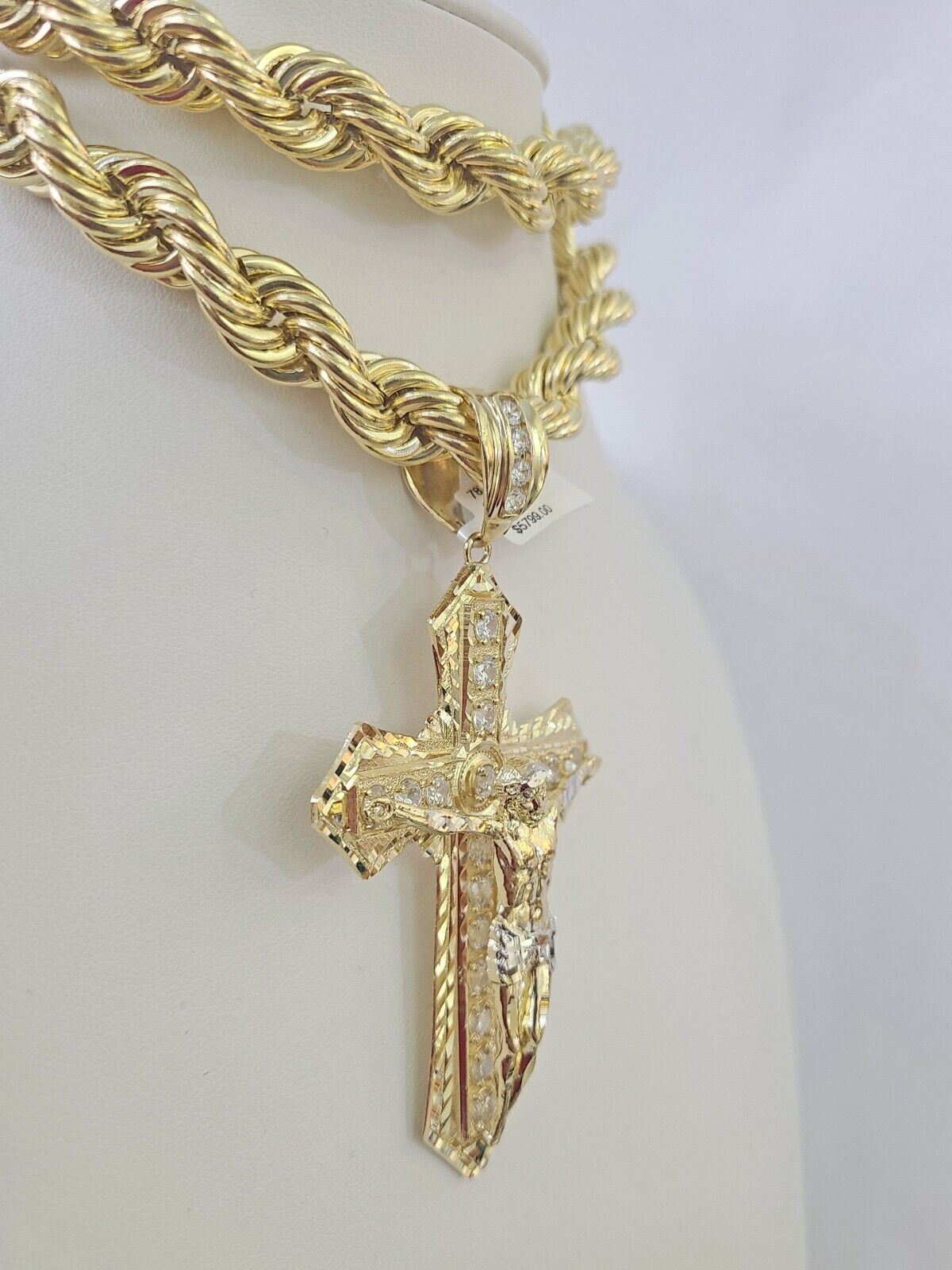 Real 10k Rope Chain Jesus Cross Charm Set 12mm 20" - 30" Inch Necklace Yellow Gold - GoldenlinQ